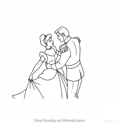 灰姑娘中王子与灰姑娘在室内宫殿共舞简笔画涂色页 – 免费可打印简笔画涂色画