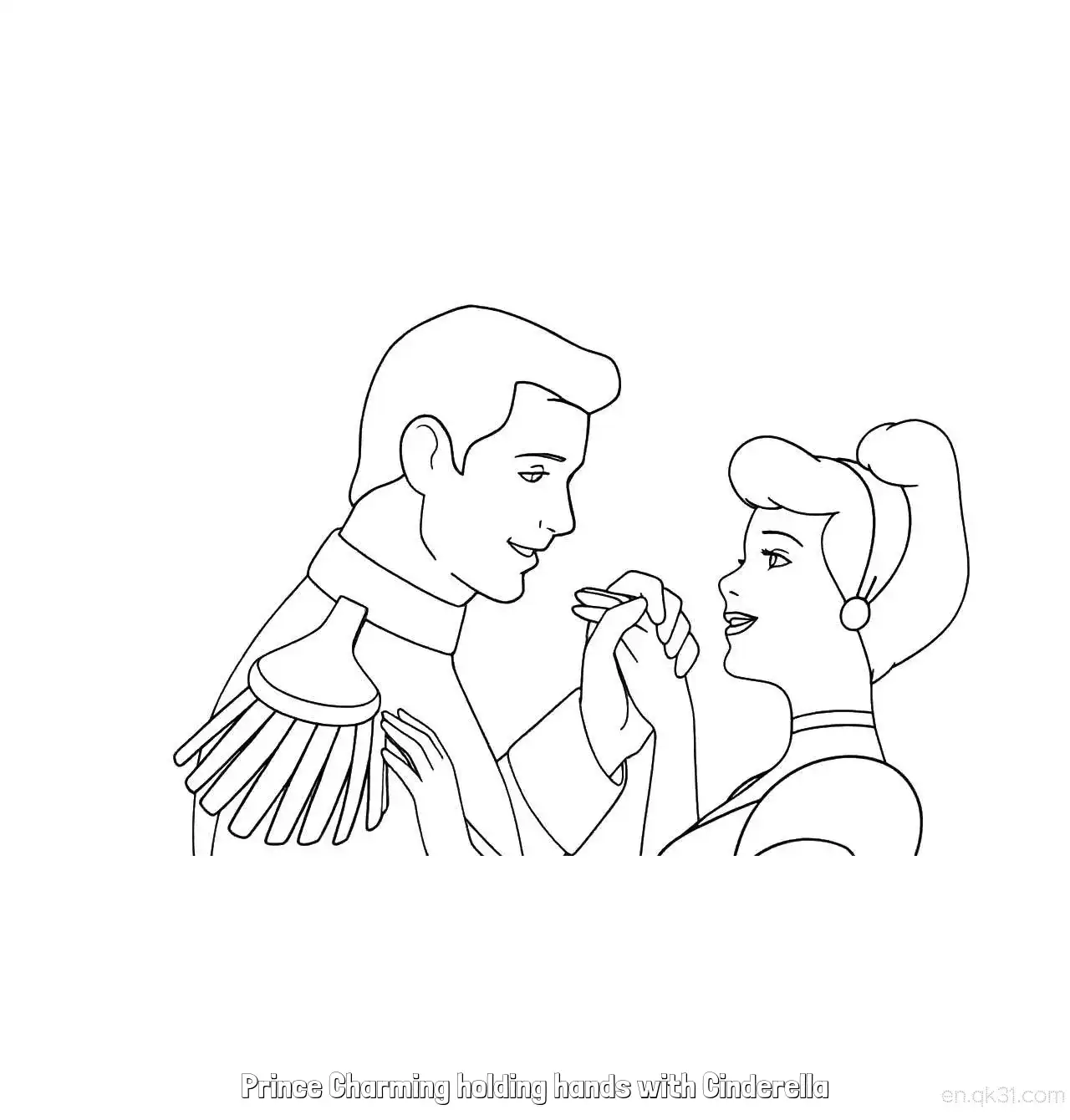 免费 灰姑娘中王子与灰姑娘双手紧握深情注视简笔画涂色页 简笔画涂色页