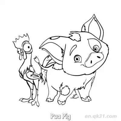 胖胖猪与憨憨鸡同框简笔画涂色页 – 免费可打印简笔画涂色画