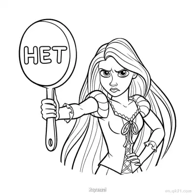 长发公主乐佩举着“HET”牌子严肃简笔画涂色页 – 免费可打印简笔画涂色画