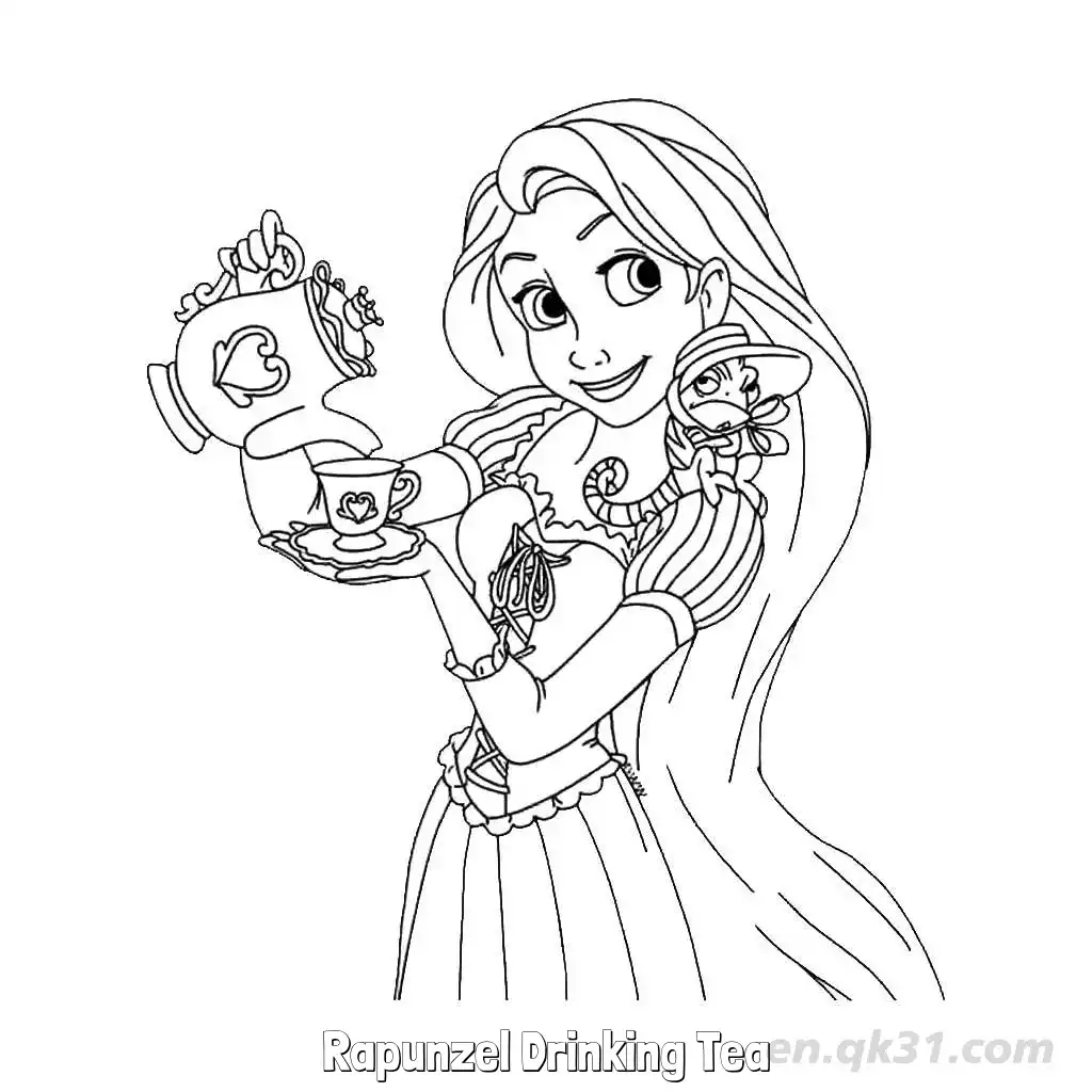 免费 长发公主乐佩与帕斯卡喝下午茶简笔画涂色页 简笔画涂色页