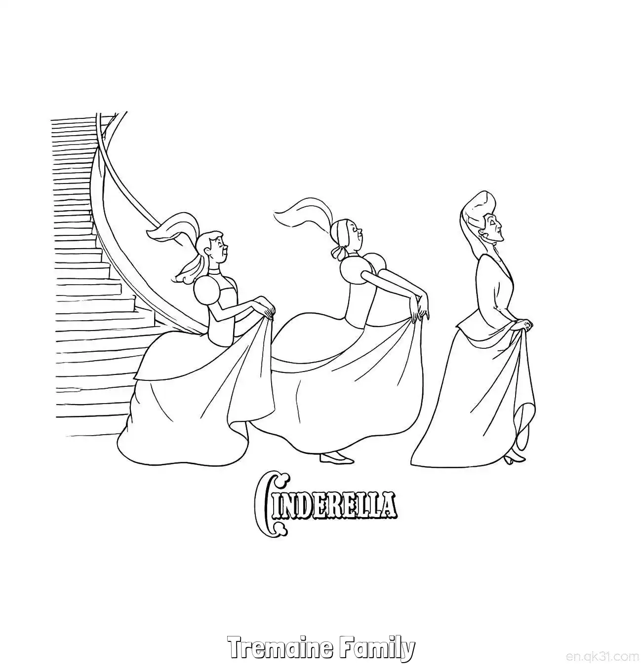 免费 灰姑娘中特曼妮一家三人在楼梯旁简笔画涂色页 简笔画涂色页