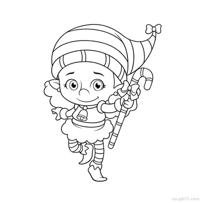 拿糖果拐杖的精灵涂色页 – 免费可打印简笔画涂色画