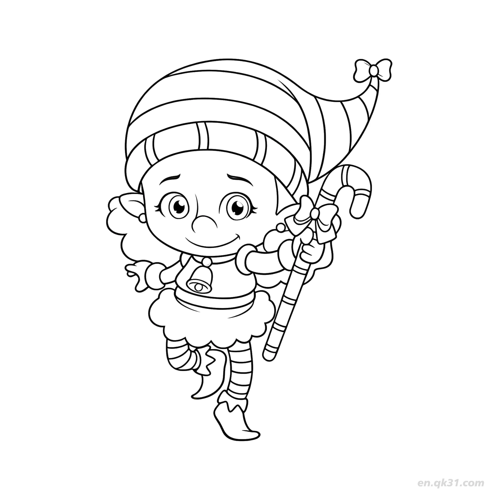 免费 拿糖果拐杖的精灵涂色页 简笔画涂色页