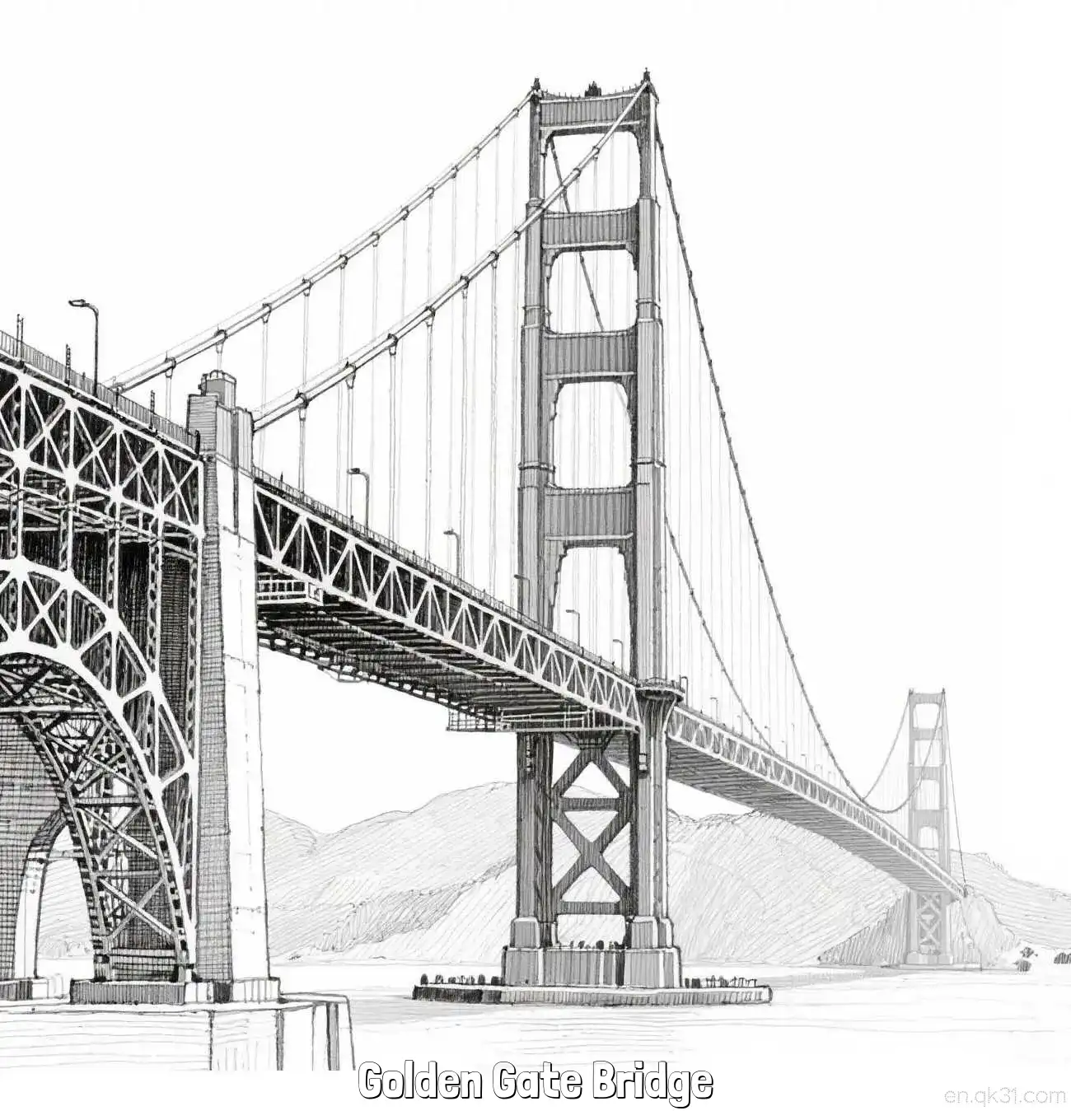 免费 金门大桥 简笔画 素描 涂鸦 - 免费可打印美国知名景点 下载PDF 简笔画涂色页