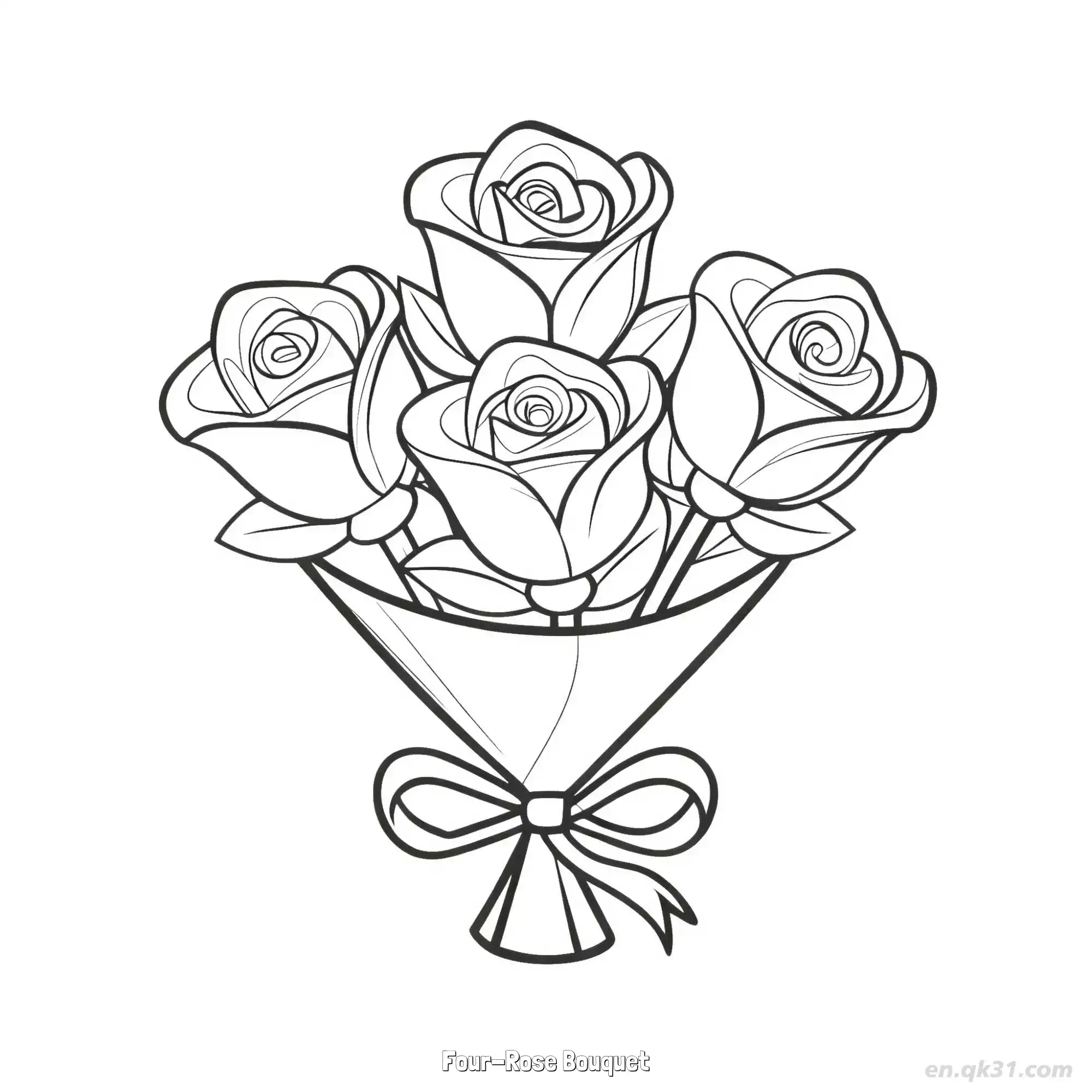 免费 四朵玫瑰花束 简笔画 素描 涂鸦 - 免费可打印 玫瑰花简笔画 下载PDF 简笔画涂色页