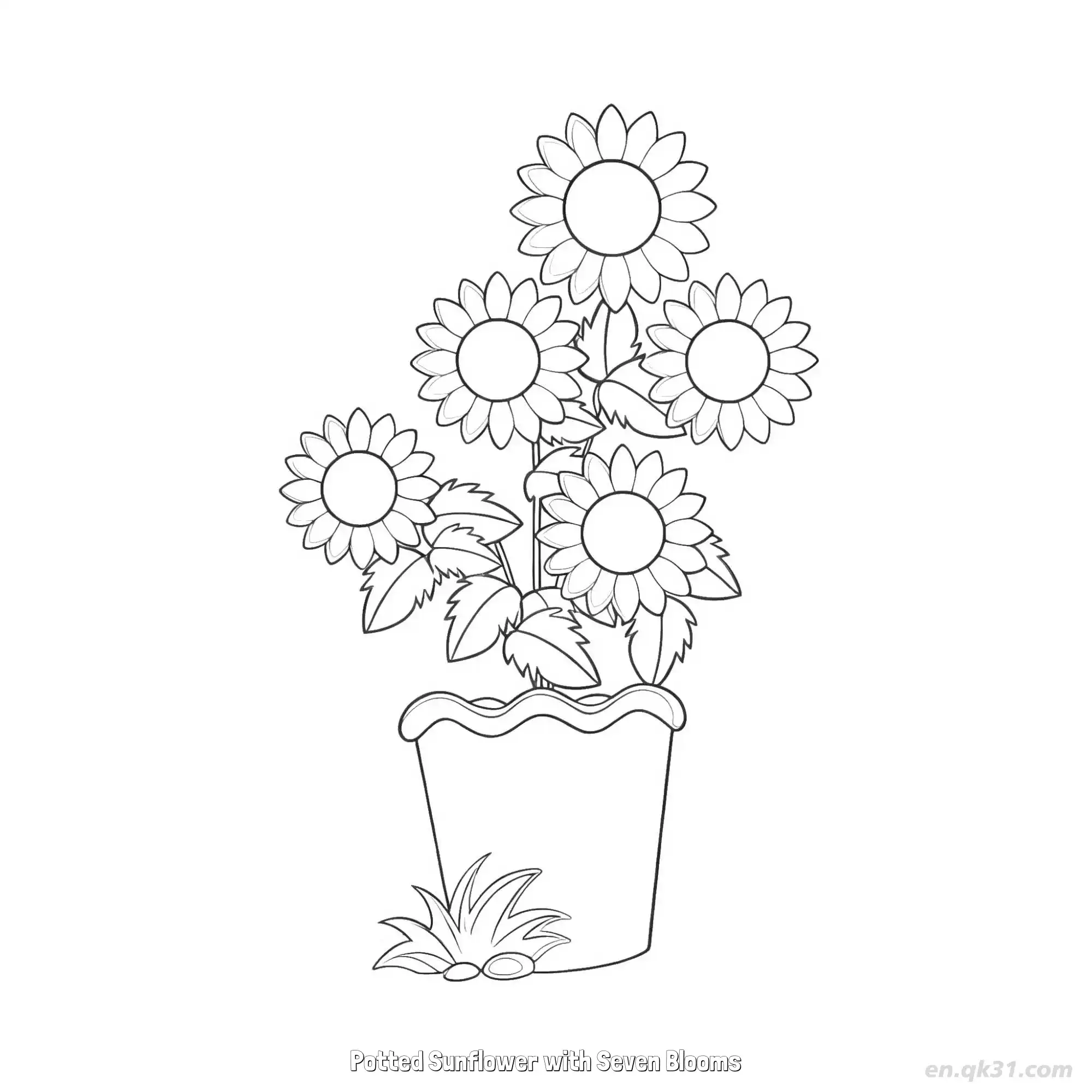 免费 七朵花盆栽向日葵 简笔画 素描 涂鸦 - 免费可打印 向日葵简笔画 下载PDF 简笔画涂色页
