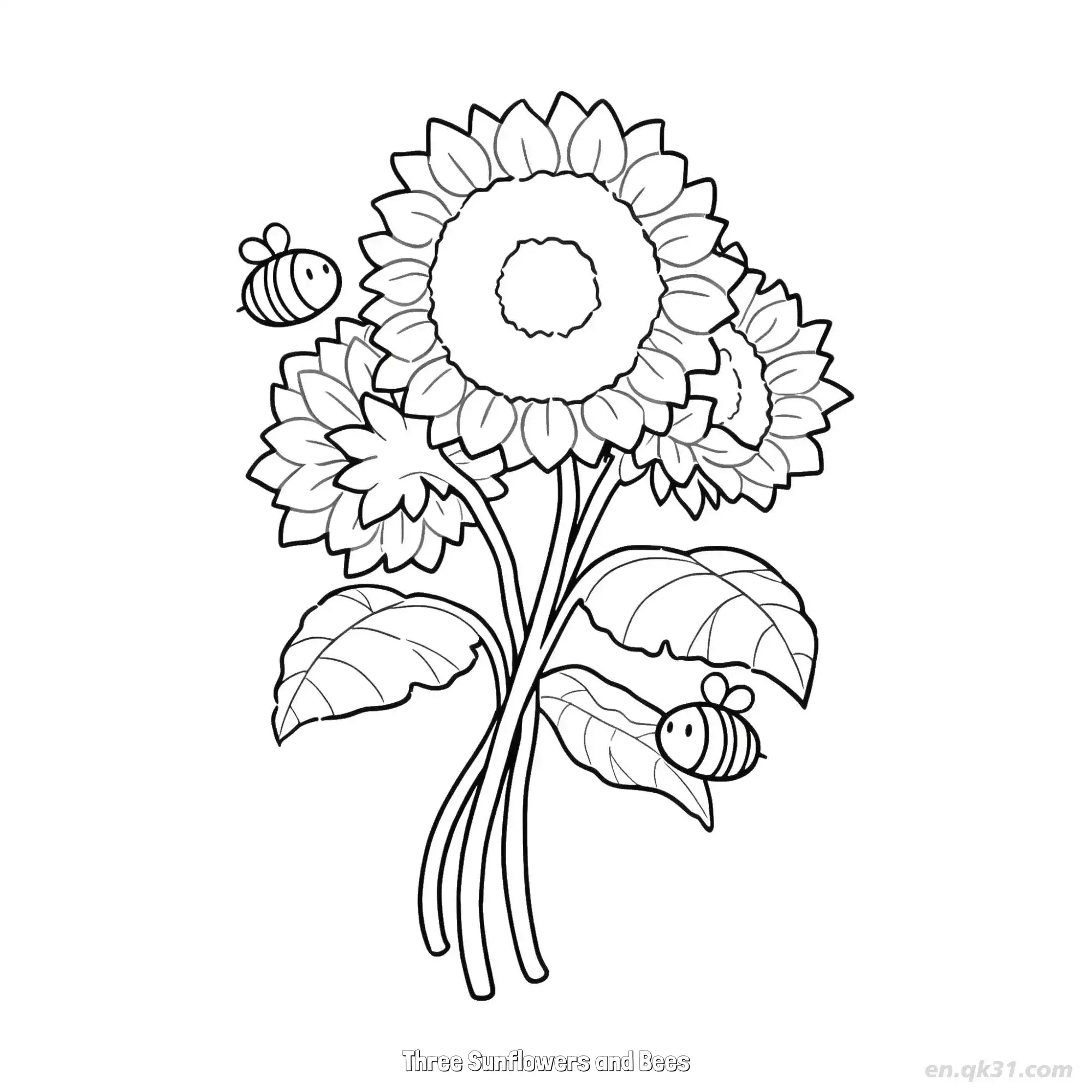 免费 三朵向日葵和蜜蜂 简笔画 素描 涂鸦 - 免费可打印 向日葵简笔画 下载PDF 简笔画涂色页
