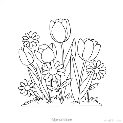 郁金香和雏菊 简笔画 素描 涂鸦 - 免费可打印 郁金香简笔画 下载PDF – 免费可打印简笔画涂色画