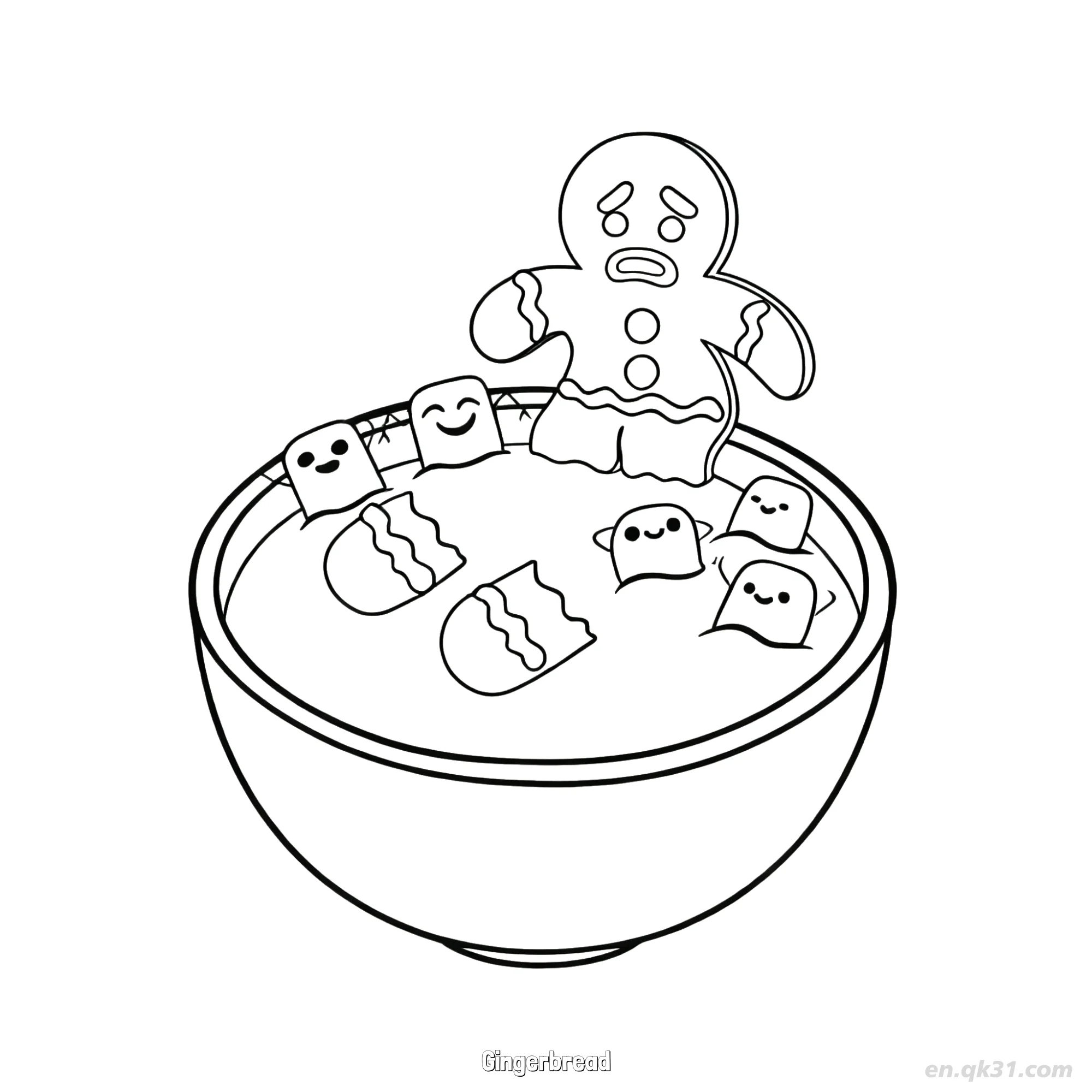 免费 热巧克力棉花糖姜饼人涂色页 简笔画涂色页