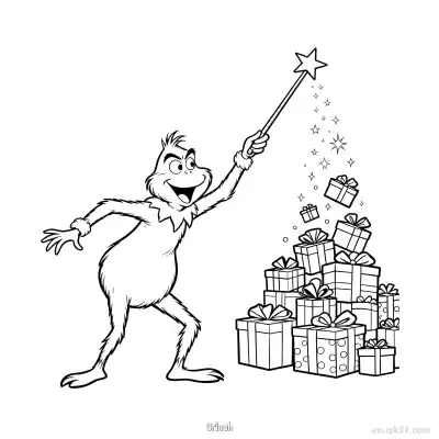 格林奇魔法礼物圣诞涂色页 – 免费可打印简笔画涂色画