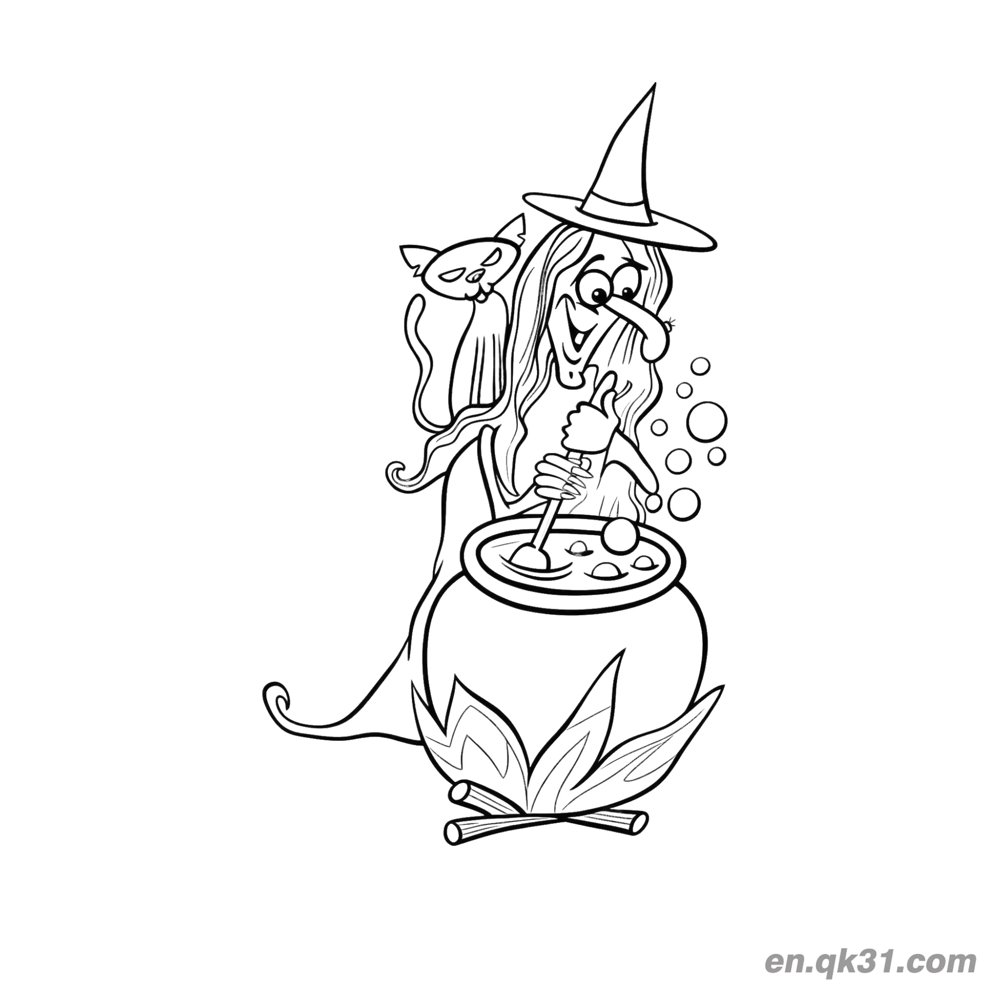免费 搅拌魔法药水的卡通女巫涂色页简笔画 简笔画涂色页