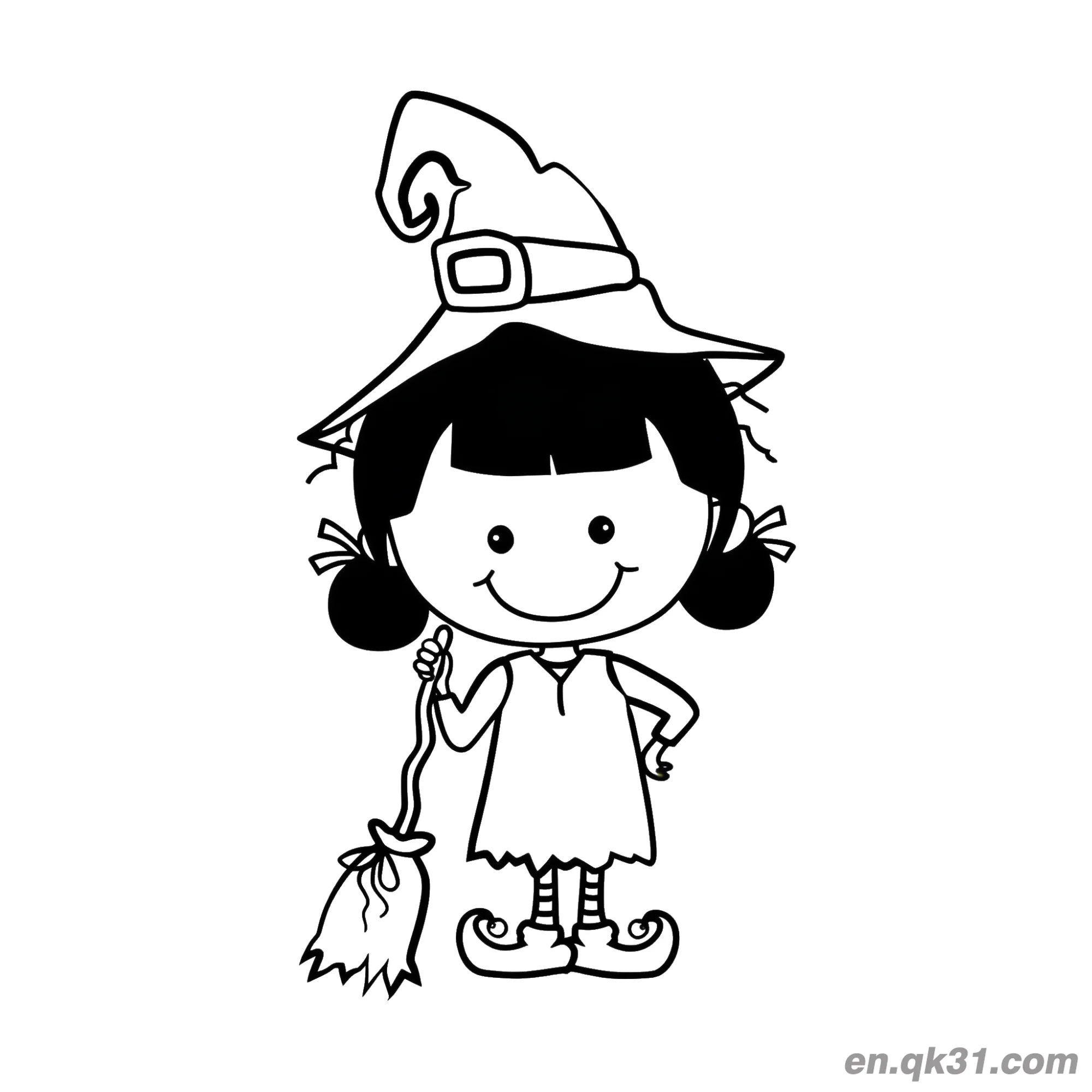免费 可爱卡通女孩女巫涂色页简笔画 简笔画涂色页