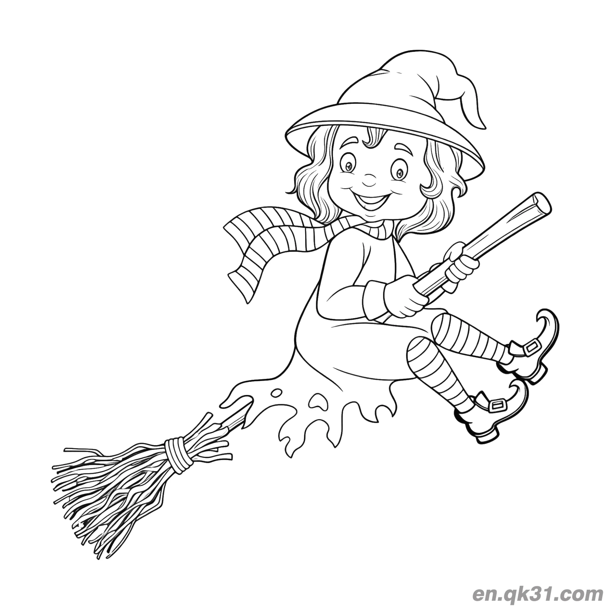 免费 骑扫帚的小女巫涂色页简笔画 简笔画涂色页