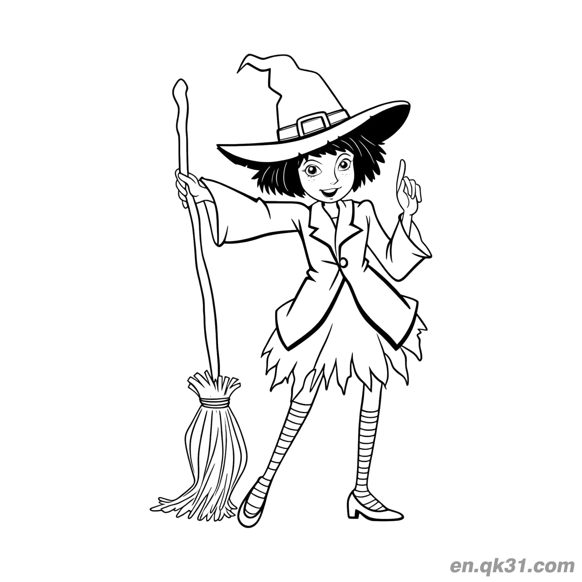 免费 指路的小女巫涂色页简笔画 简笔画涂色页