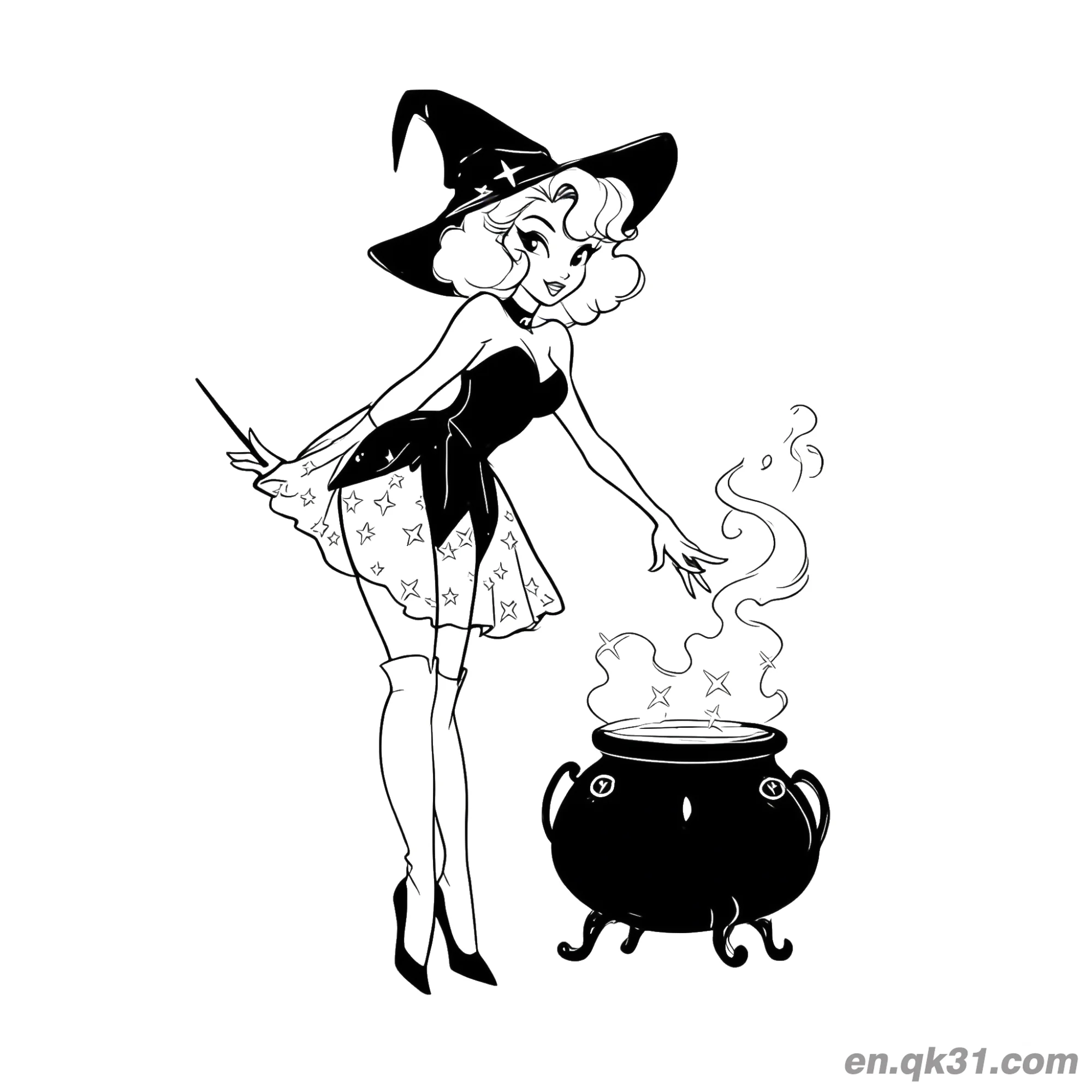 免费 优雅魔法女巫与坩埚涂色页简笔画 简笔画涂色页