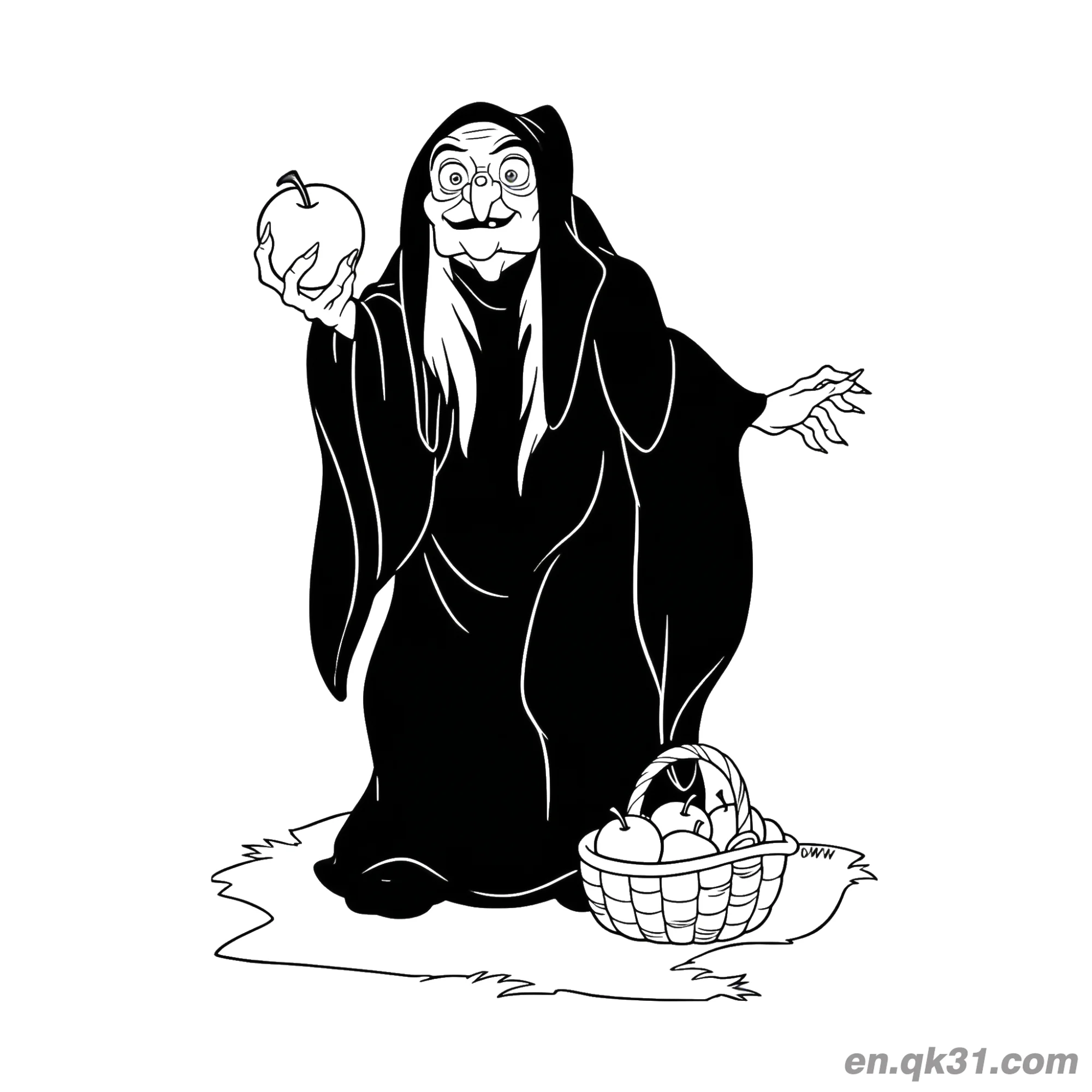免费 邪恶女巫手捧红苹果简笔画涂色页 简笔画涂色页