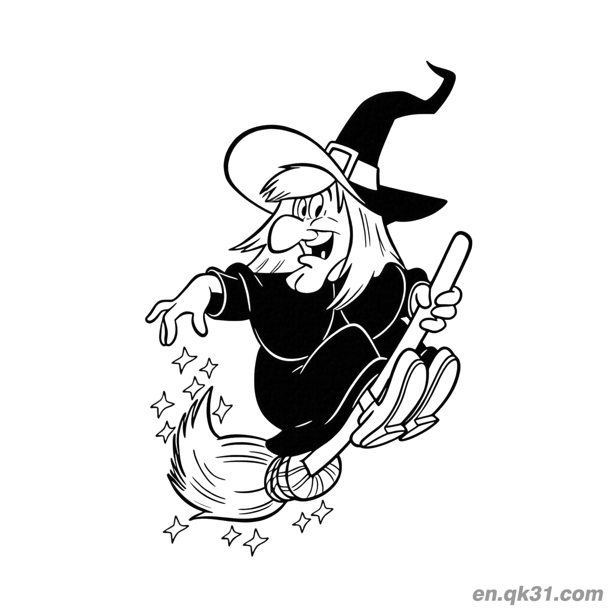 免费 搞怪飞行扫帚女巫简笔画 简笔画涂色页
