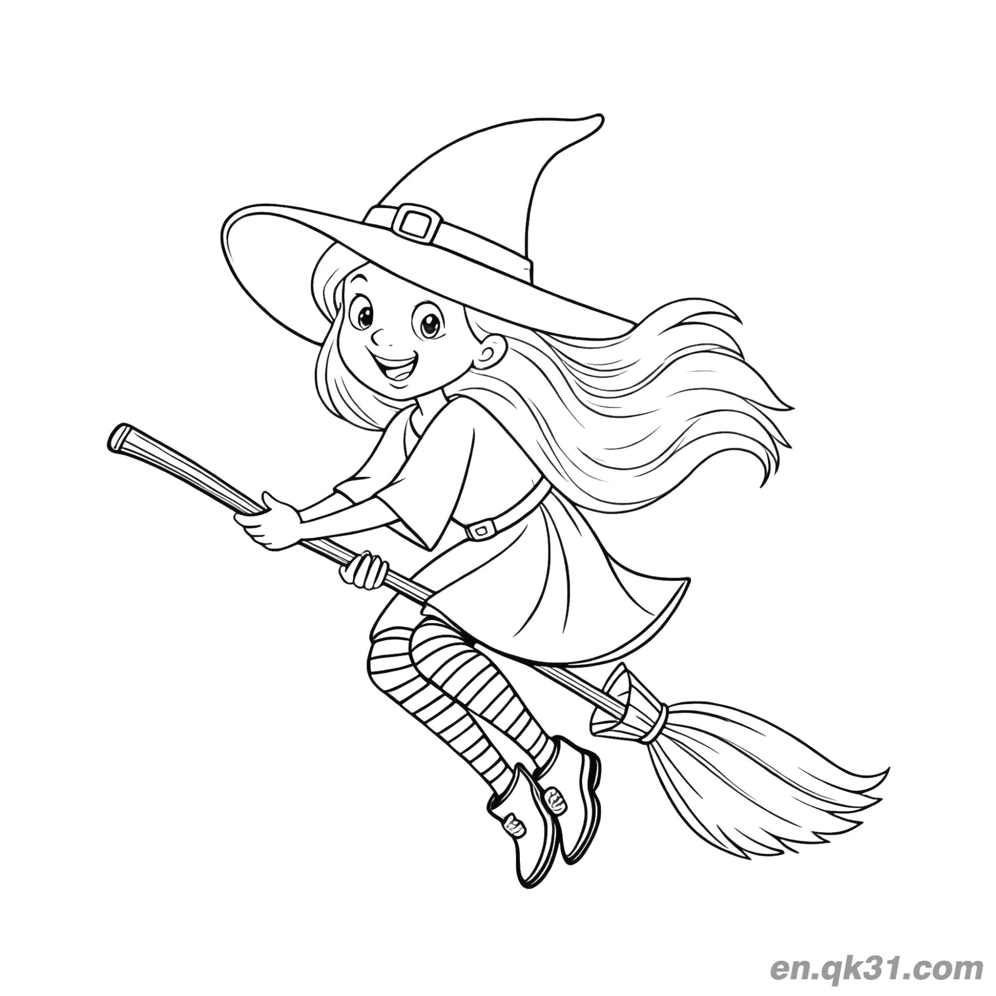 免费 开心飞行的小女巫简笔画 简笔画涂色页