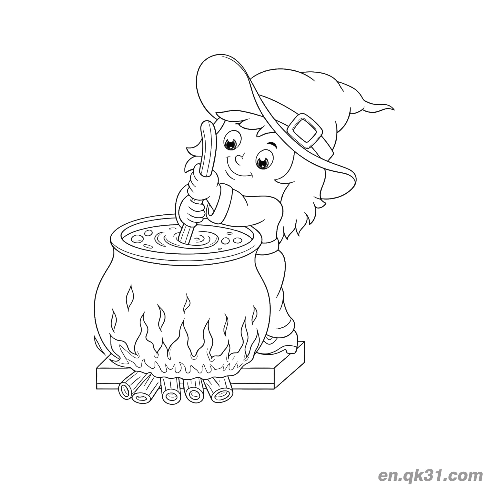 免费 小女巫搅拌火焰坩埚简笔画 简笔画涂色页