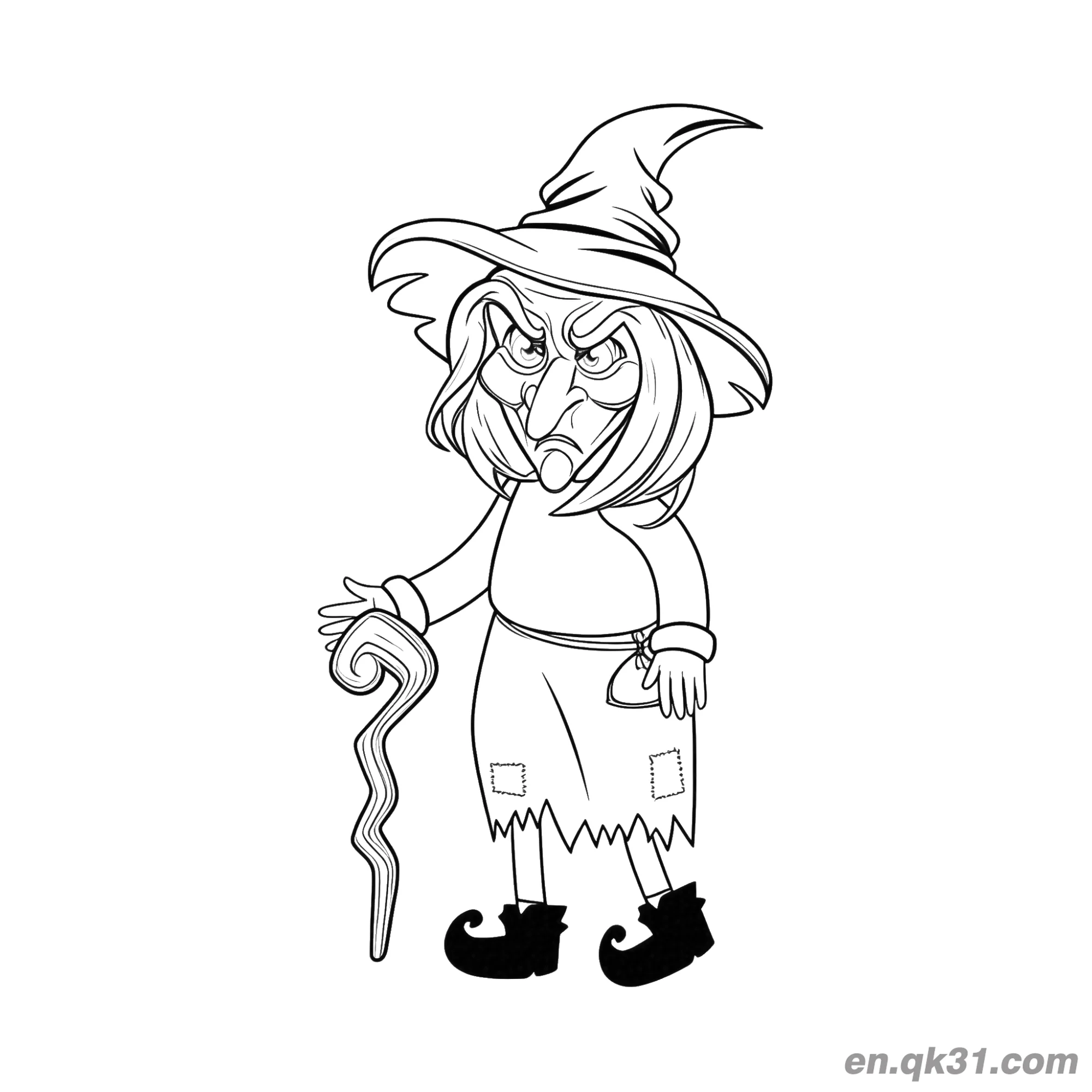 免费 拿着魔法杖的老女巫简笔画 简笔画涂色页