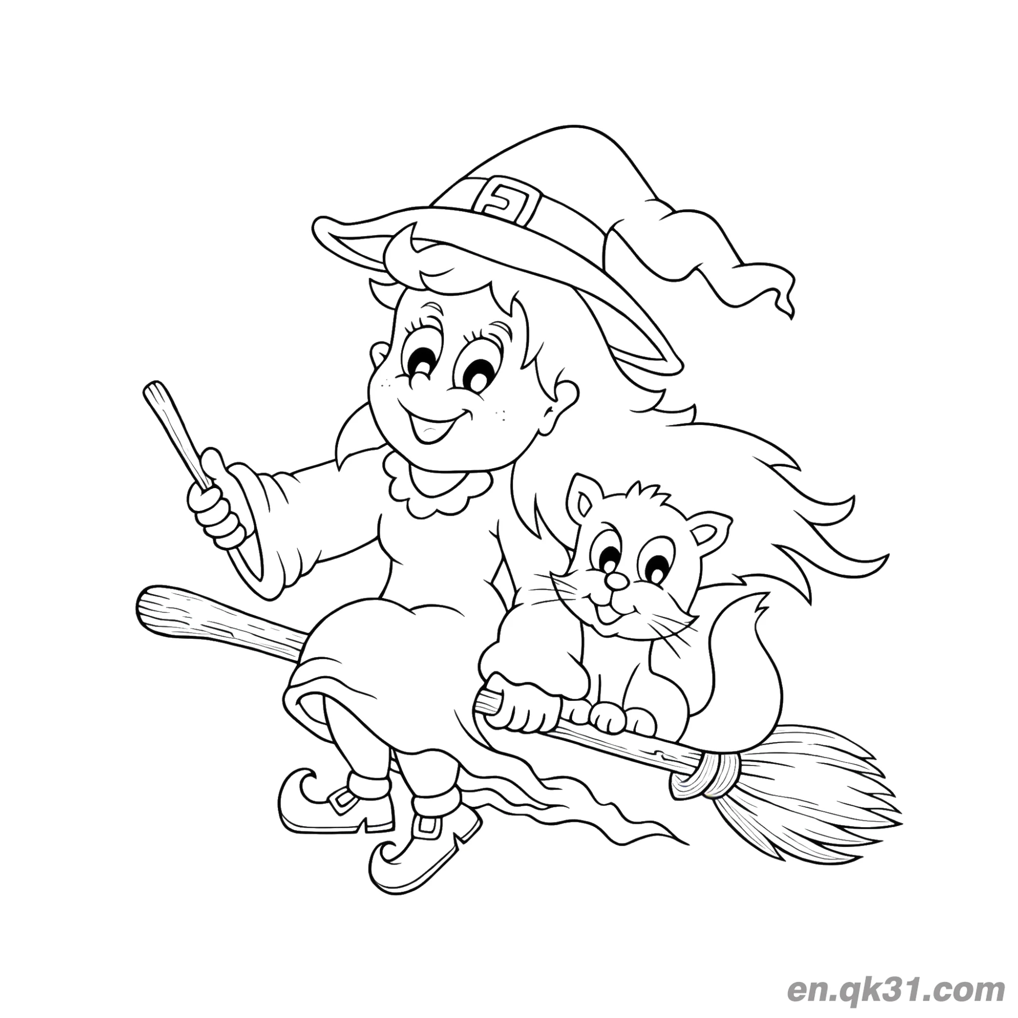 免费 带着猫飞行的扫帚女巫简笔画 简笔画涂色页