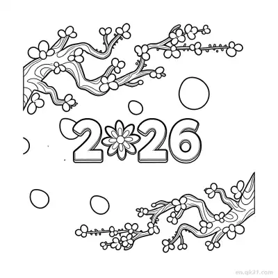 2026樱花边框上下新年涂色 – 免费可打印简笔画涂色画