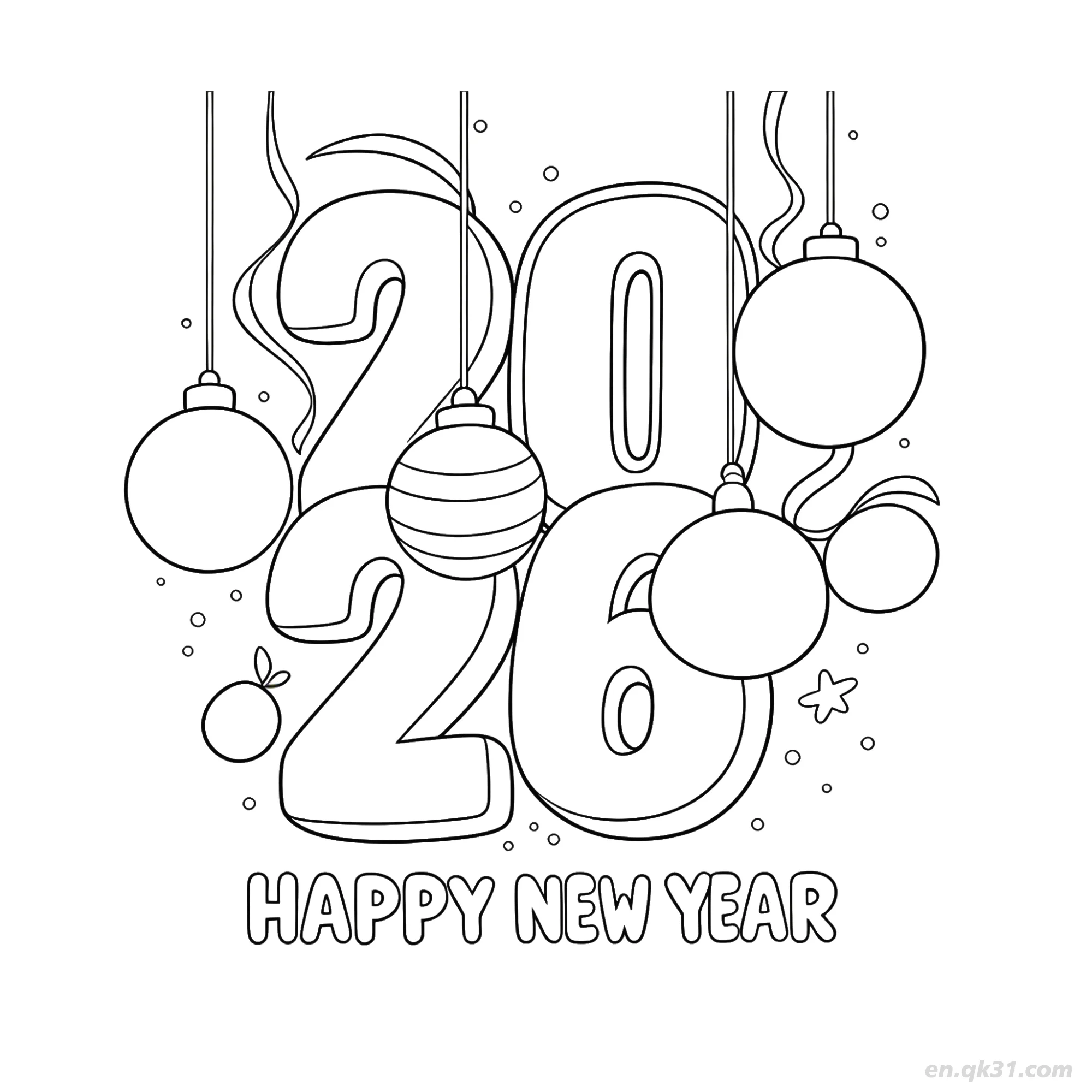 免费 2026悬挂装饰新年快乐涂色 简笔画涂色页