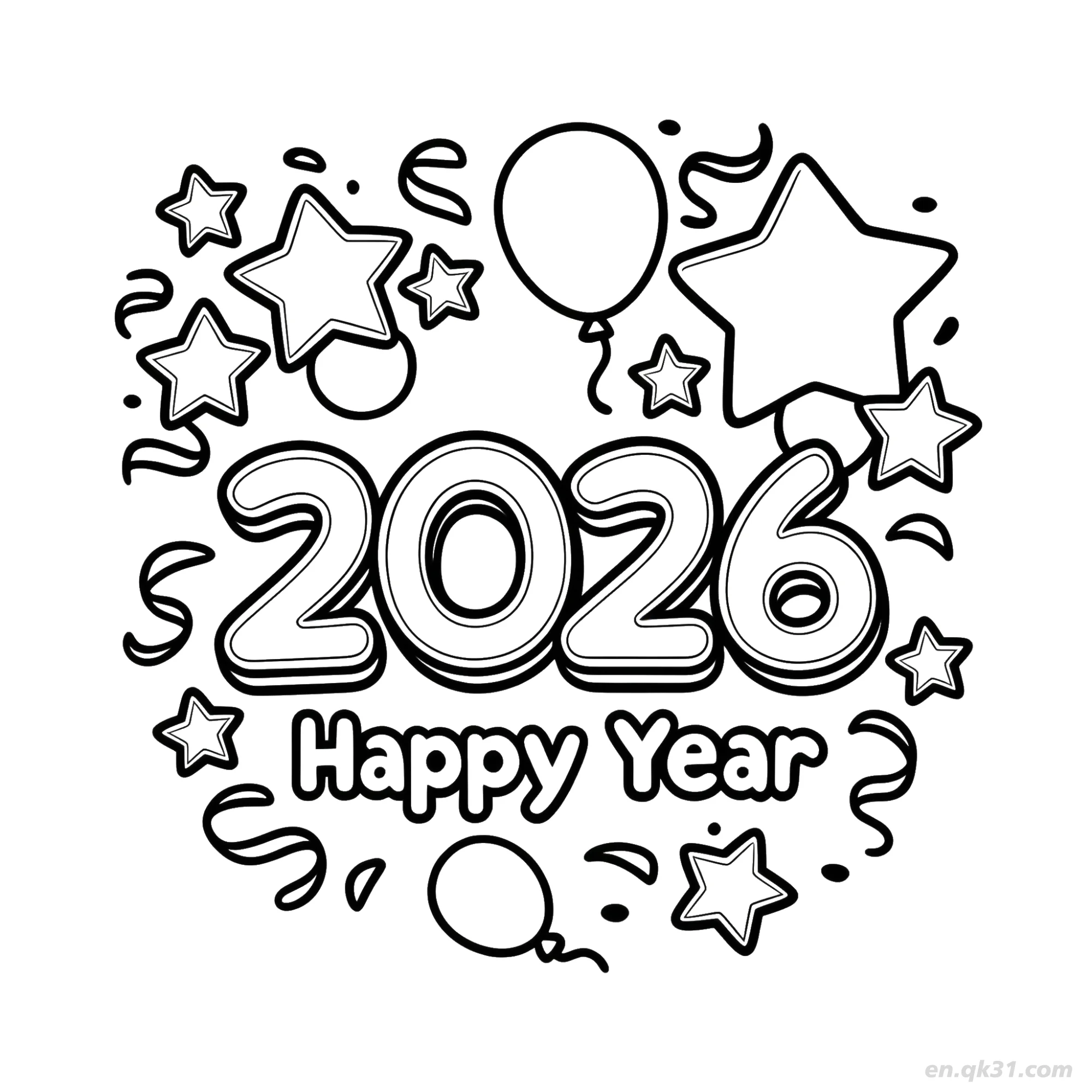 免费 2026星星气球快乐新年涂色 简笔画涂色页