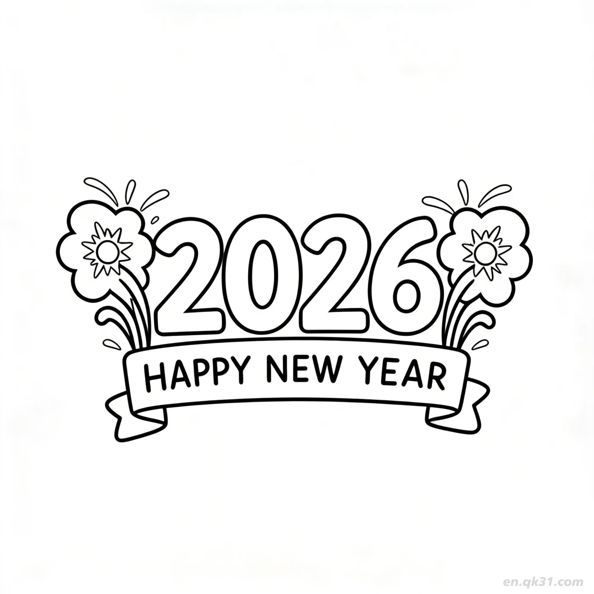 免费 2026花卉横幅新年涂色页 简笔画涂色页
