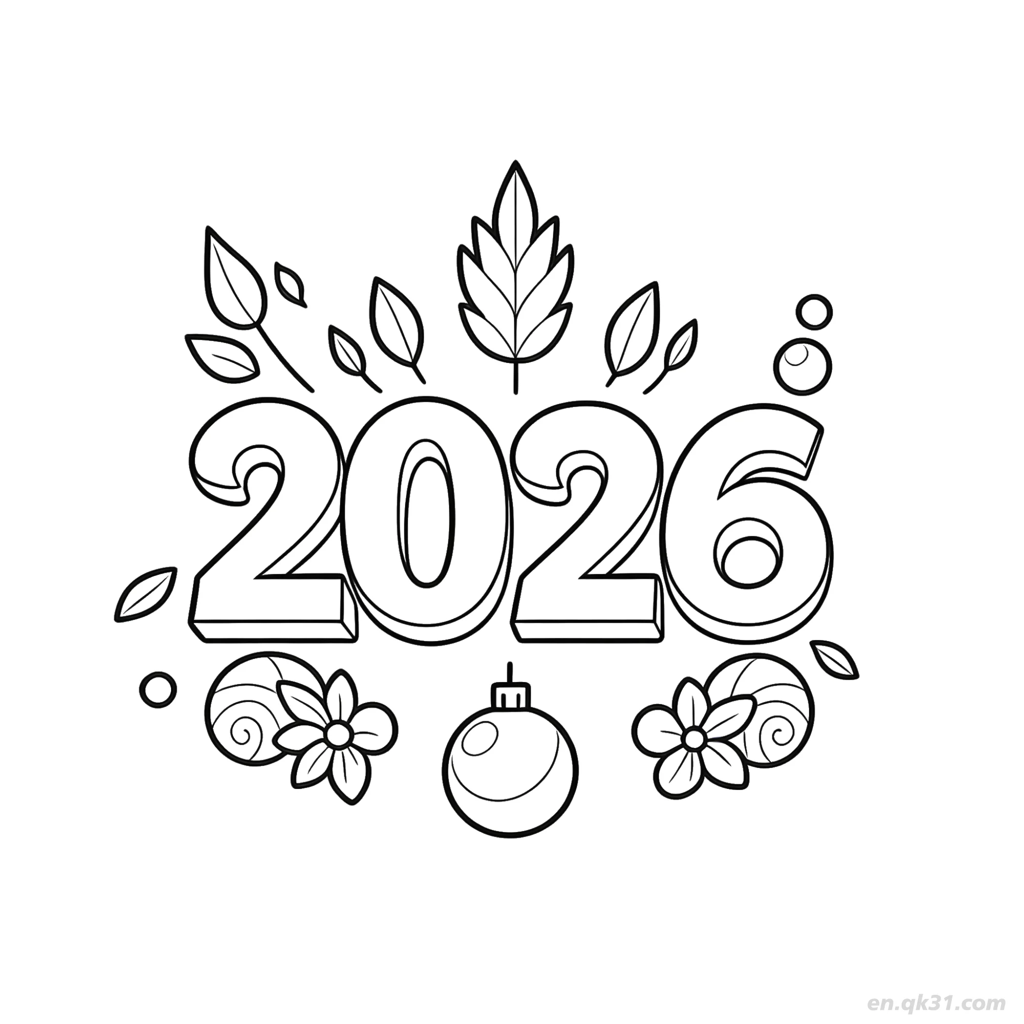 免费 2026叶子装饰新年涂色 简笔画涂色页