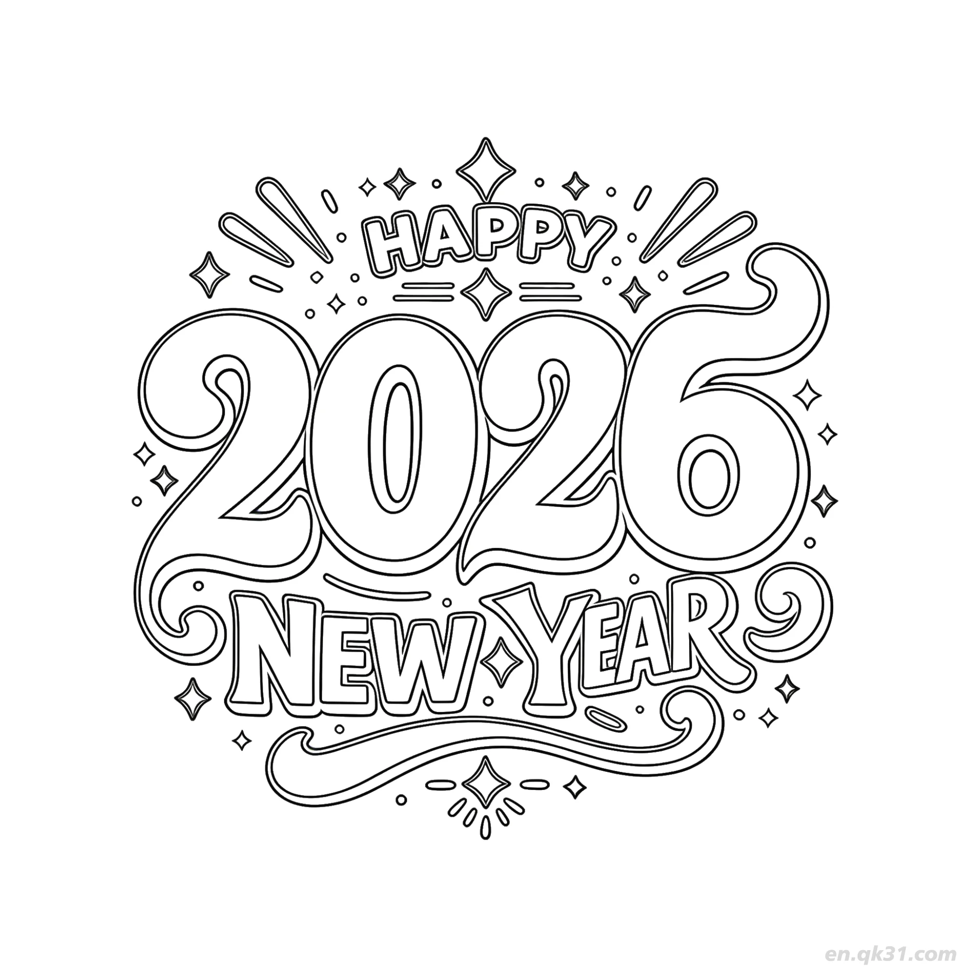 免费 2026复古字体新年涂色页 简笔画涂色页