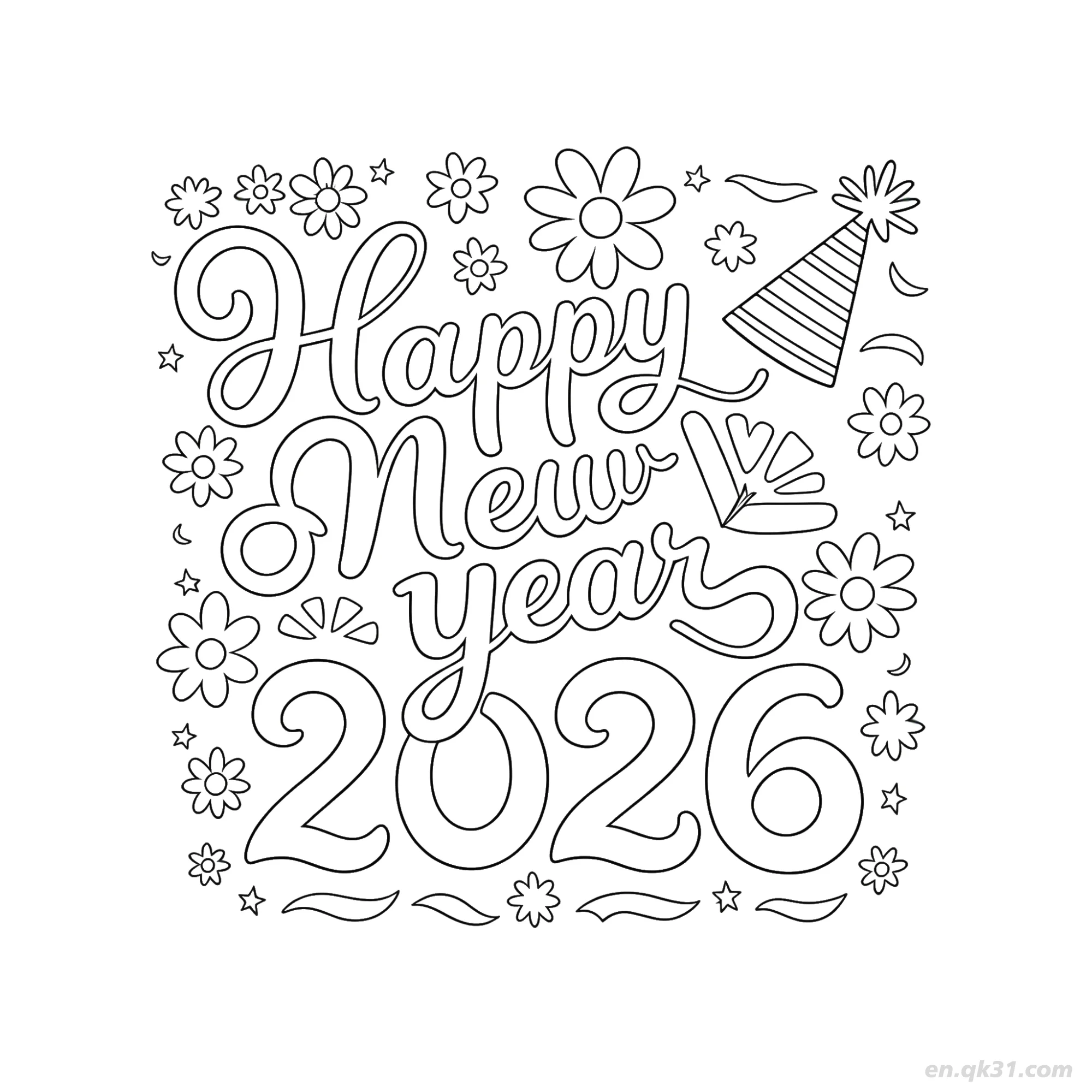 免费 2026花卉方块新年快乐涂色 简笔画涂色页