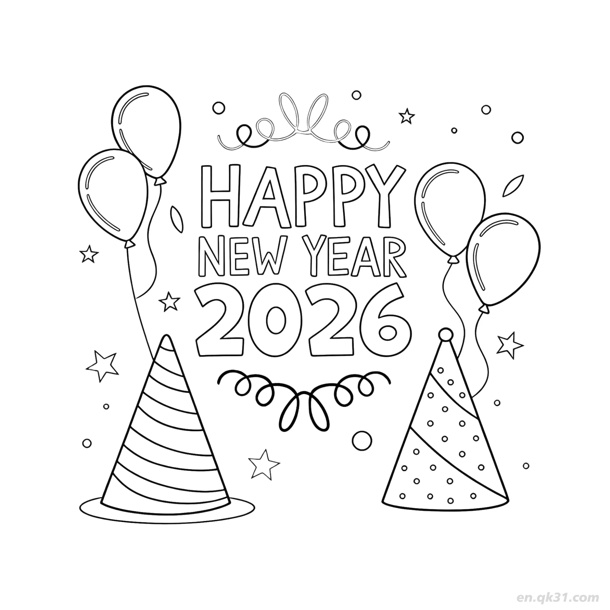 免费 2026派对帽设计2新年快乐涂色 简笔画涂色页