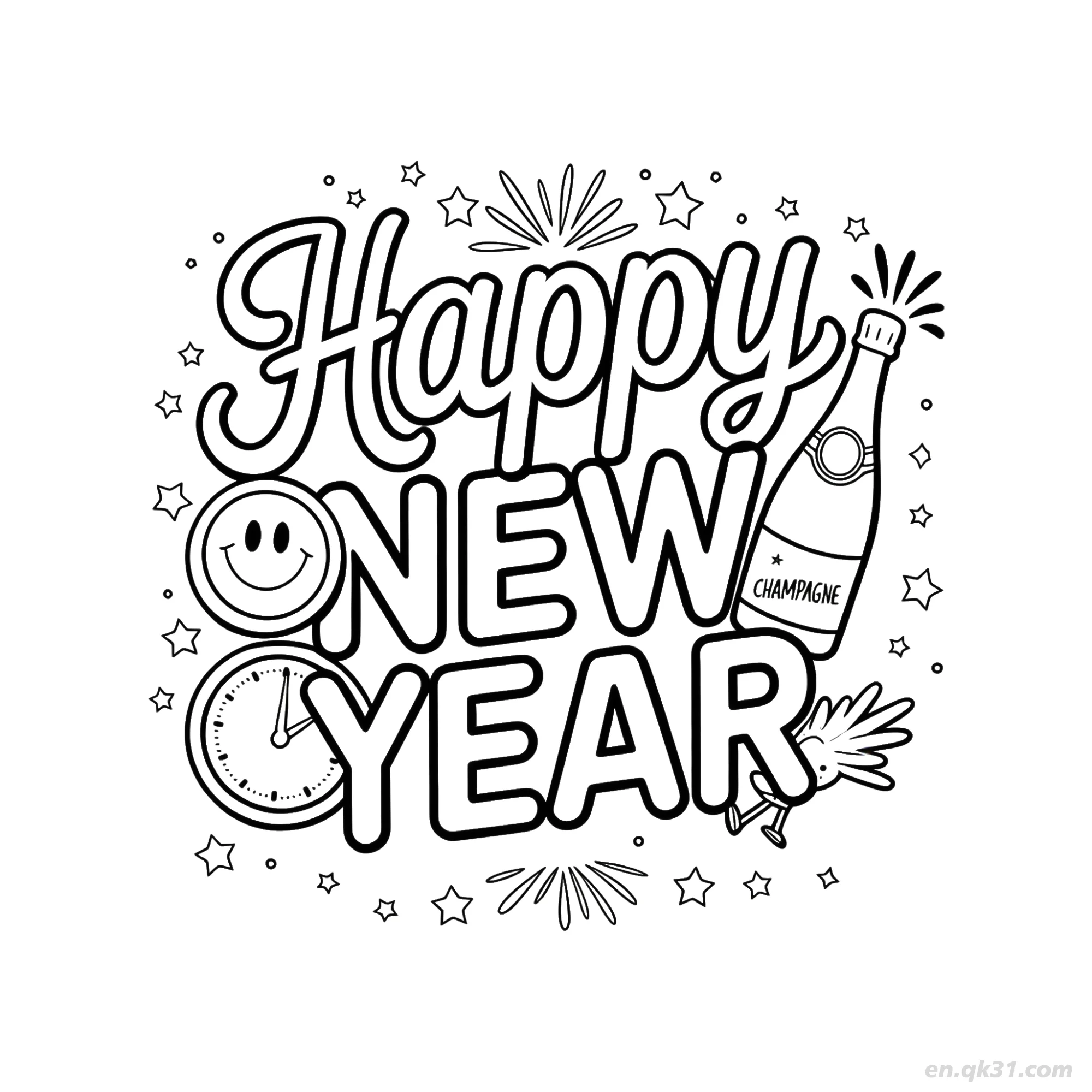 免费 香槟时钟新年快乐涂色页 简笔画涂色页