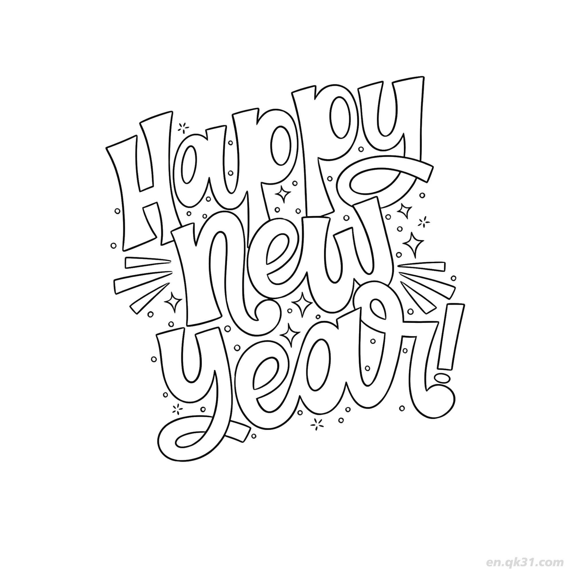 免费 华丽字体新年快乐涂色页 简笔画涂色页