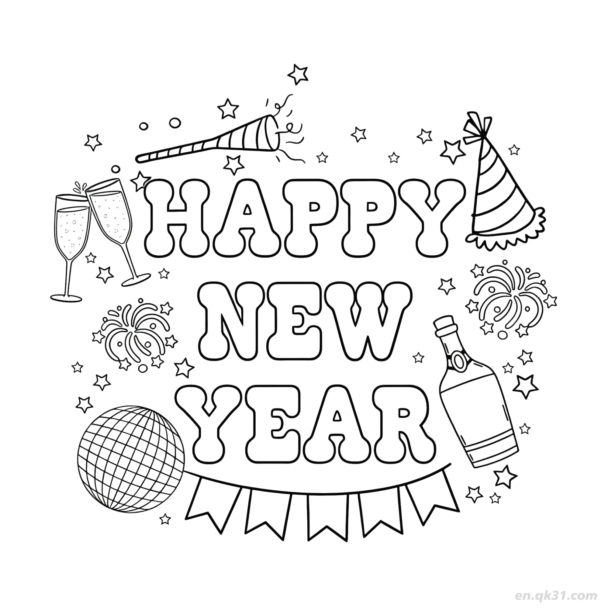 免费 派对涂鸦方块新年快乐涂色 简笔画涂色页