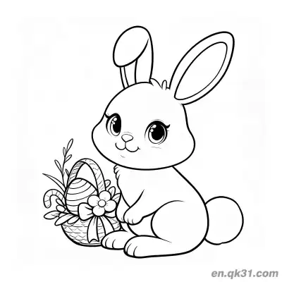 可爱兔子与复活节彩蛋篮和糖果涂色页 – 免费可打印简笔画涂色画