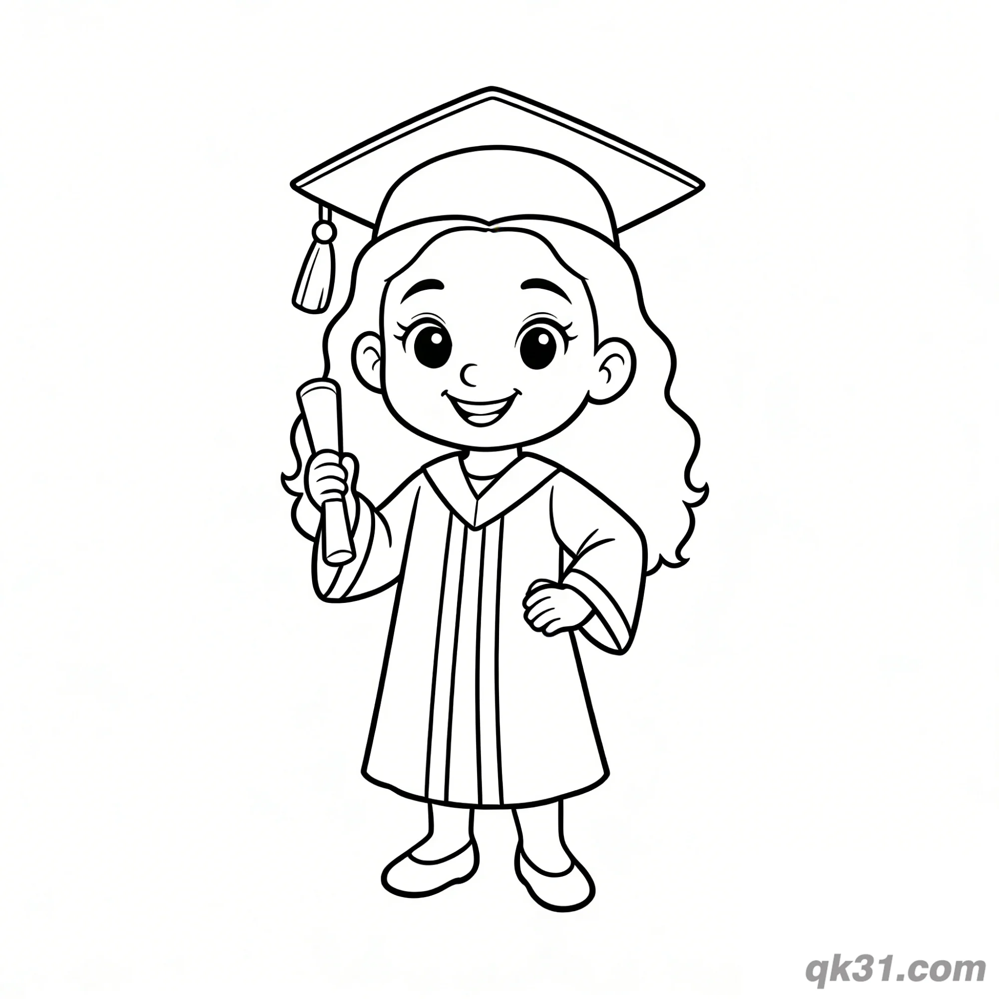 免费 卷发毕业女孩自信姿势简笔画涂色页 简笔画涂色页