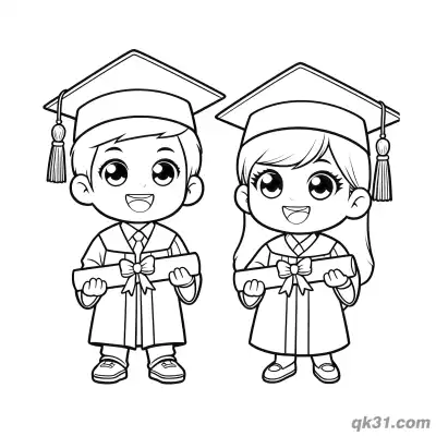 可爱Q版毕业男孩女孩拿证书简笔画涂色页 – 免费可打印简笔画涂色画