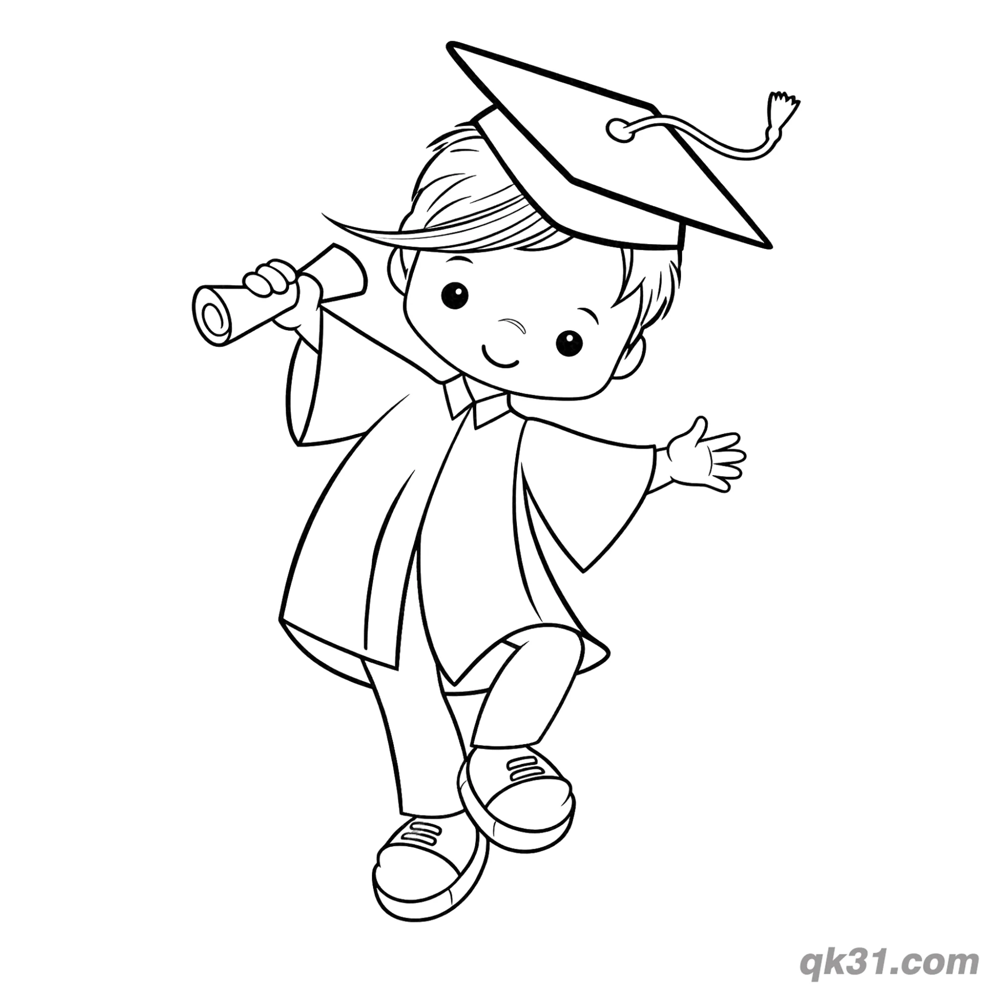 免费 可爱Q版毕业男孩拿证书走路简笔画涂色页 简笔画涂色页