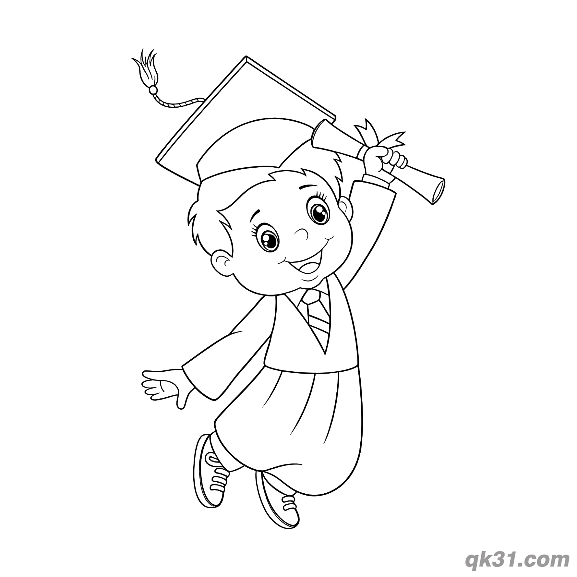 免费 可爱跳跃毕业男孩拿证书简笔画涂色页 简笔画涂色页