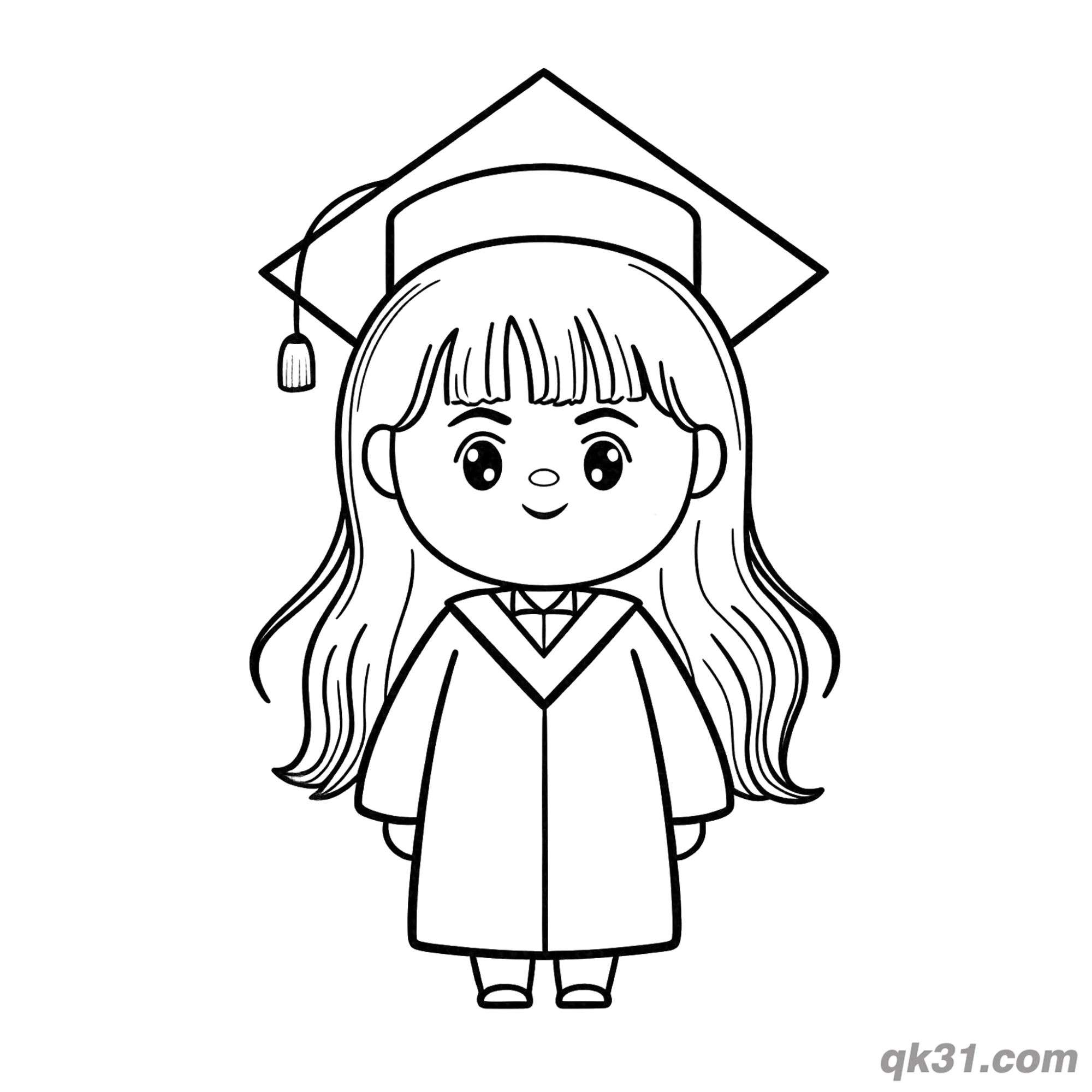 免费 可爱长发Q版毕业女孩站立姿势简笔画涂色页 简笔画涂色页