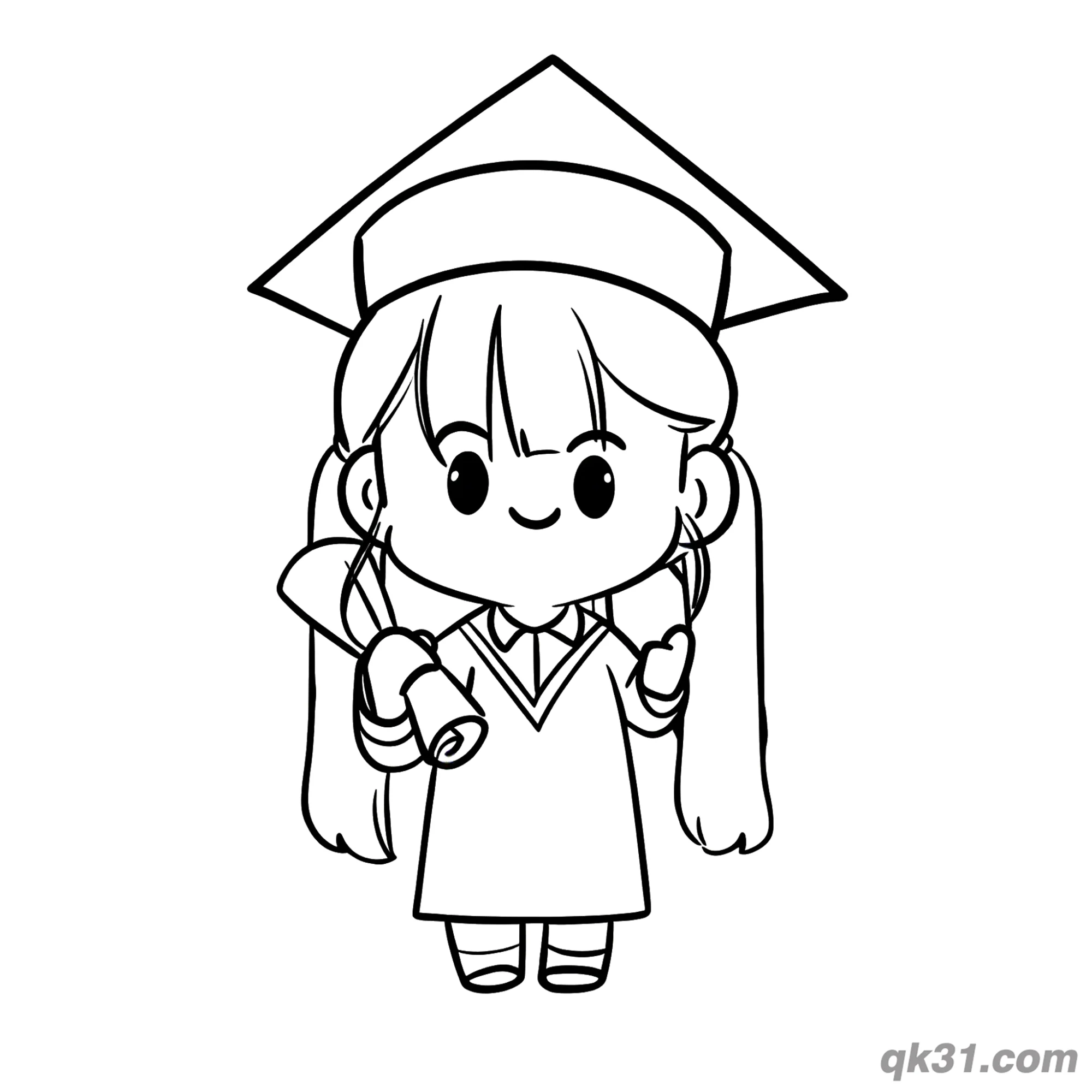 免费 可爱双马尾Q版毕业女孩拿证书简笔画涂色页 简笔画涂色页