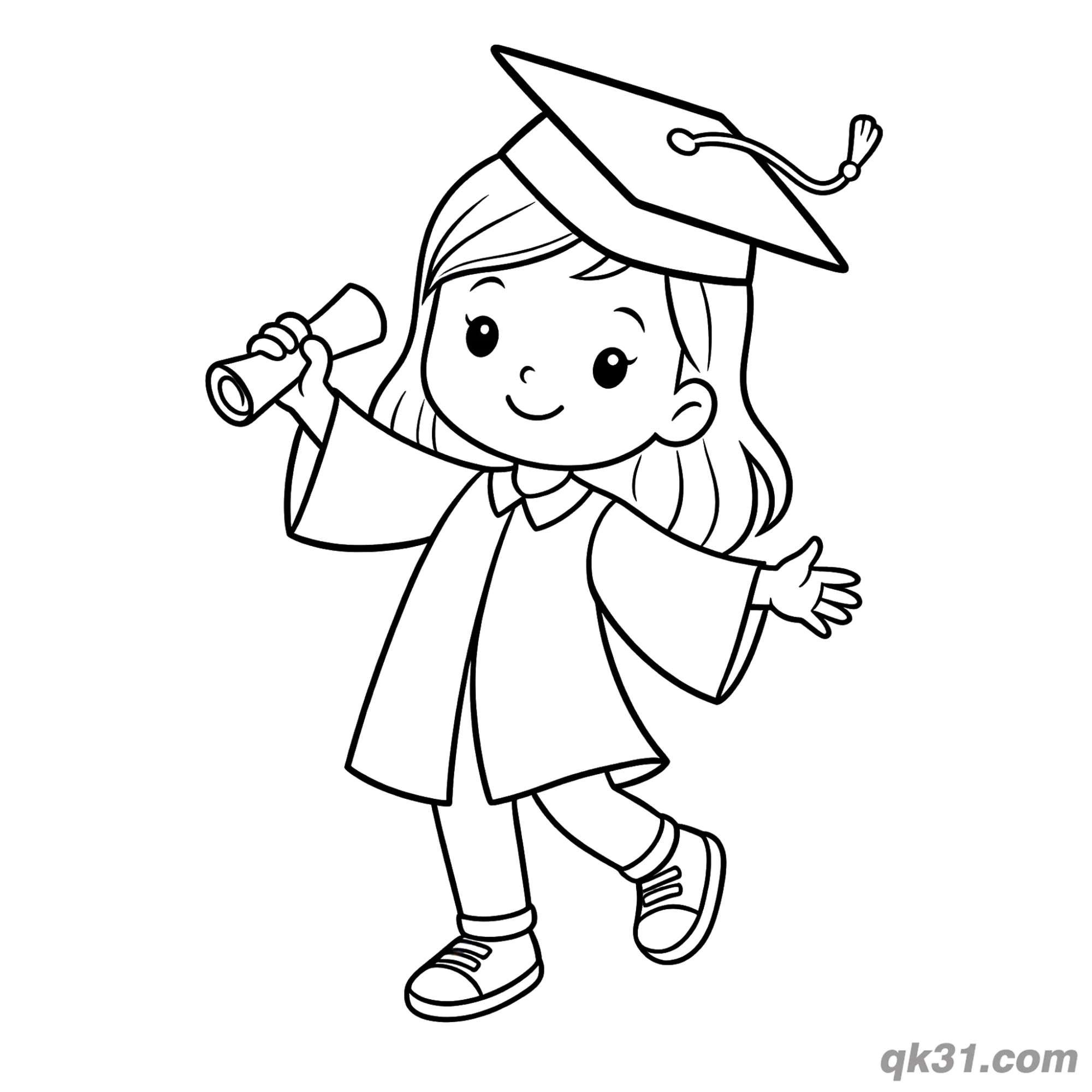 免费 快乐毕业女孩拿证书走路简笔画涂色页 简笔画涂色页