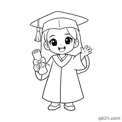 长发毕业女孩拿证书挥手简笔画涂色页 – 免费可打印简笔画涂色画
