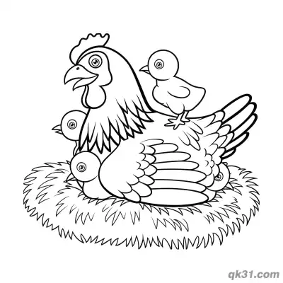 母鸡妈妈和巢中小鸡母亲节简笔画涂色页 – 免费可打印简笔画涂色画