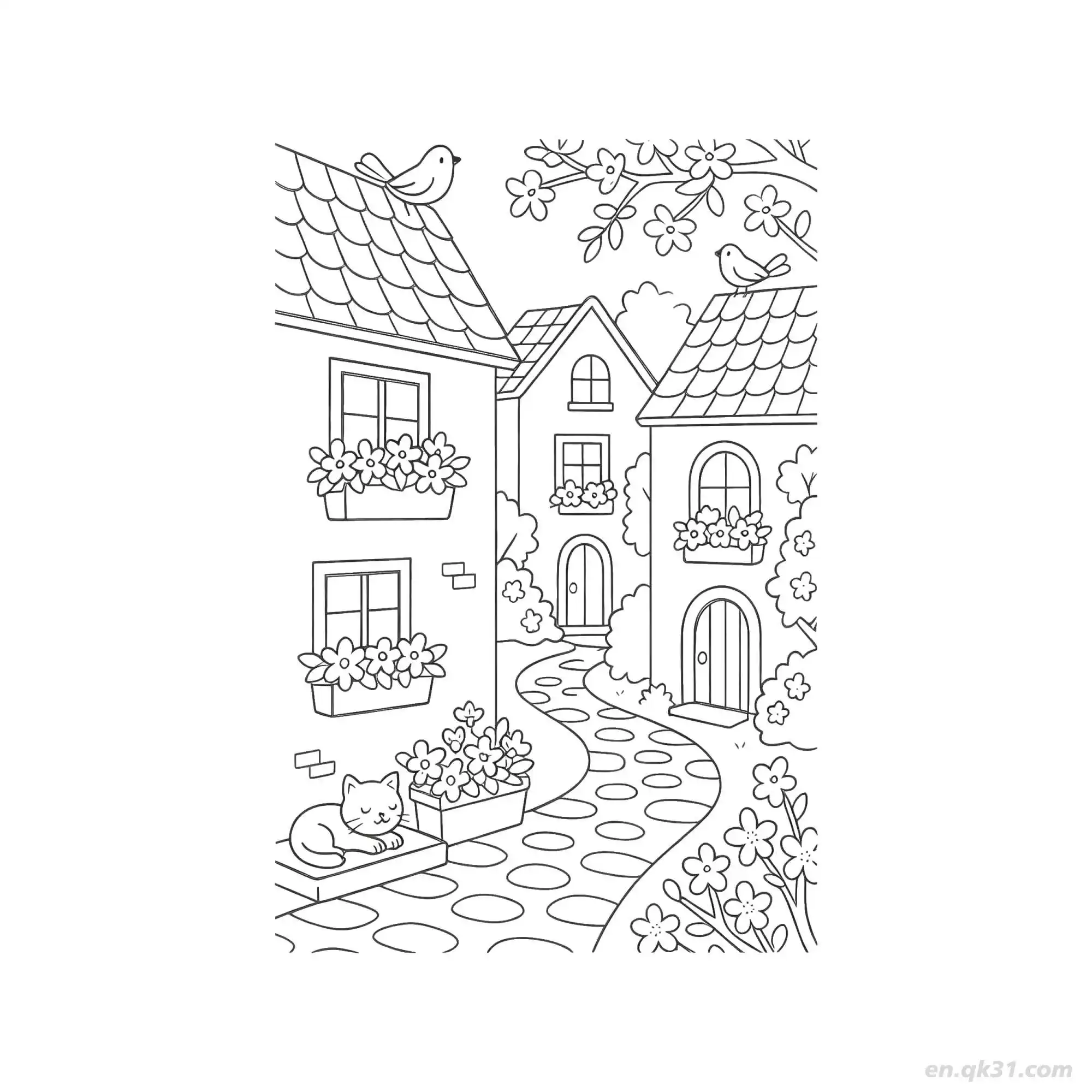 免费 花开巷别墅 简笔画 素描 涂鸦 - 免费可打印 房子简笔画 下载PDF 简笔画涂色页