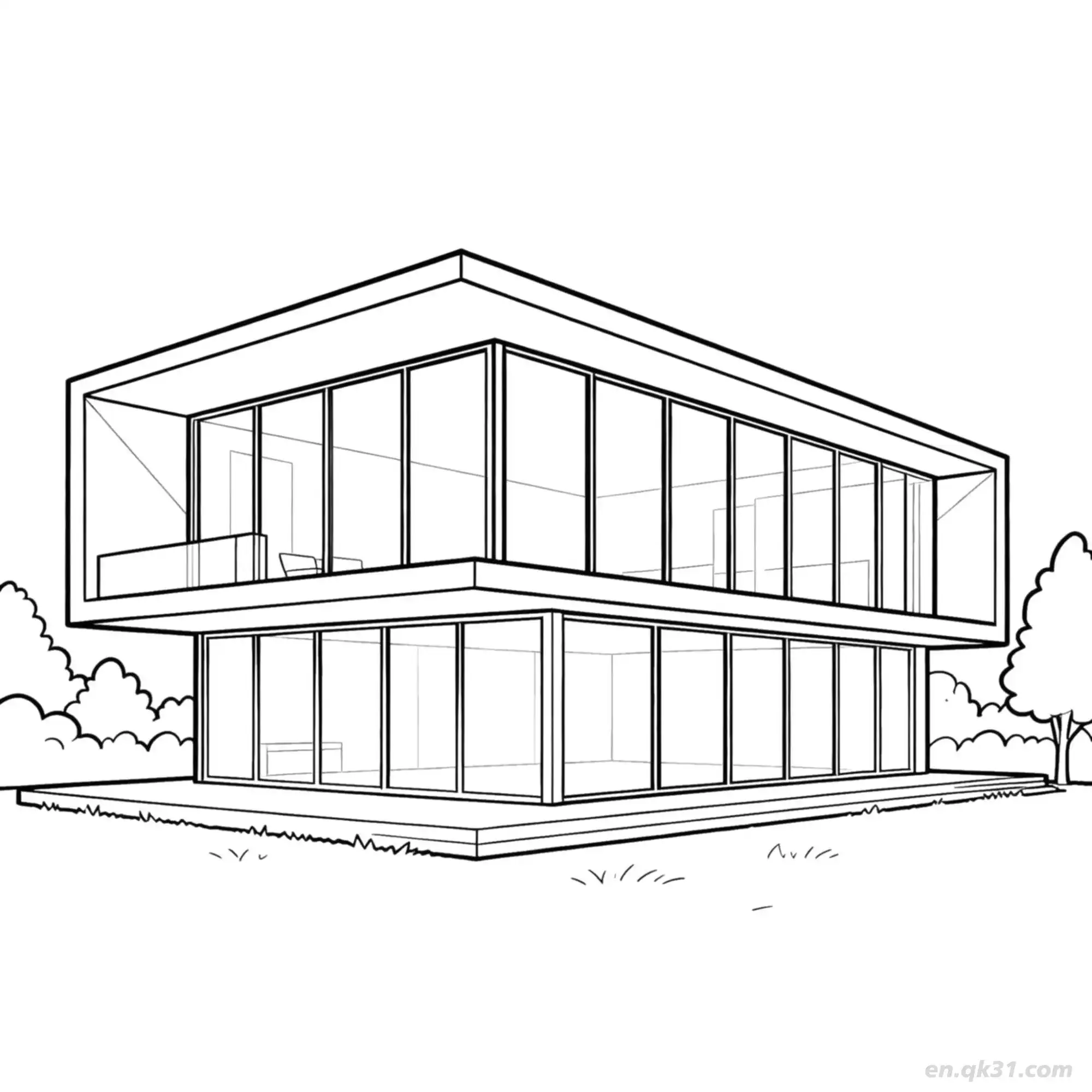 免费 现代玻璃房屋 简笔画 素描 涂鸦 - 免费可打印 房子简笔画 下载PDF 简笔画涂色页