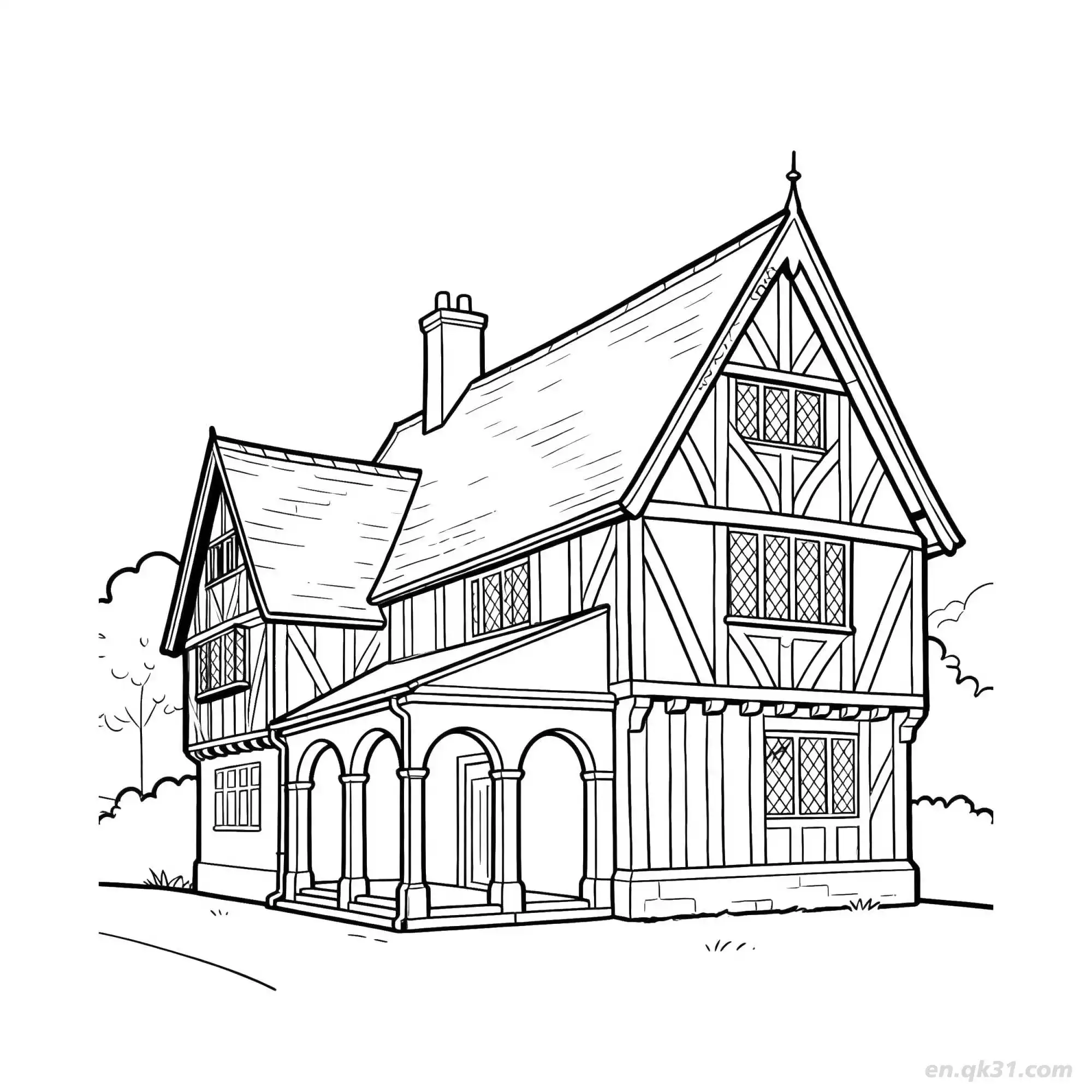 免费 都铎风格房屋 简笔画 素描 涂鸦 - 免费可打印 房子简笔画 下载PDF 简笔画涂色页
